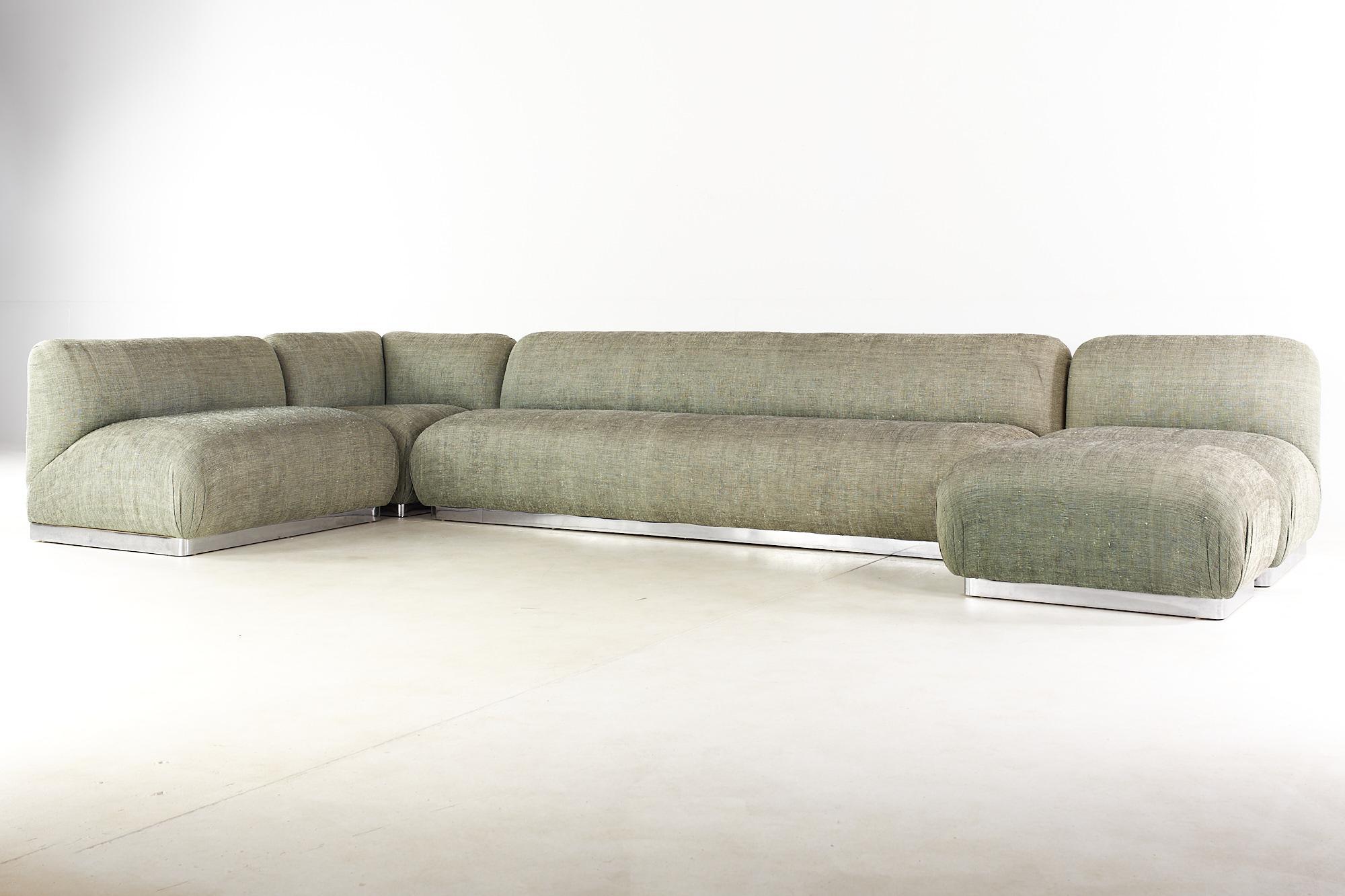 American Milo Baughman Style Interior Crafts Chrome Base 5 Piece Sectional Sofa