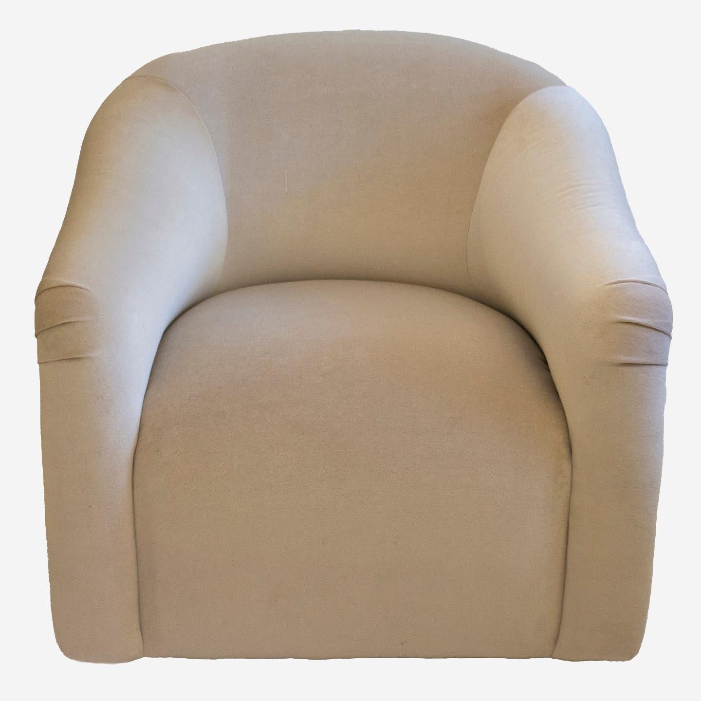 Steel Milo Baughman Style Ivory Velvet Swivel Tub Chairs