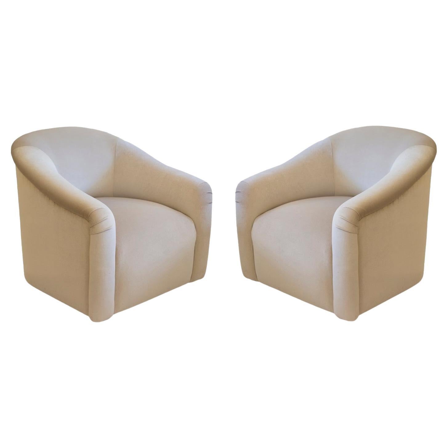 Milo Baughman Style Ivory Velvet Swivel Tub Chairs