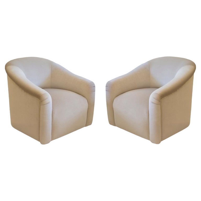 Milo Baughman Style Ivory Velvet Swivel Tub Chairs For Sale at 1stDibs