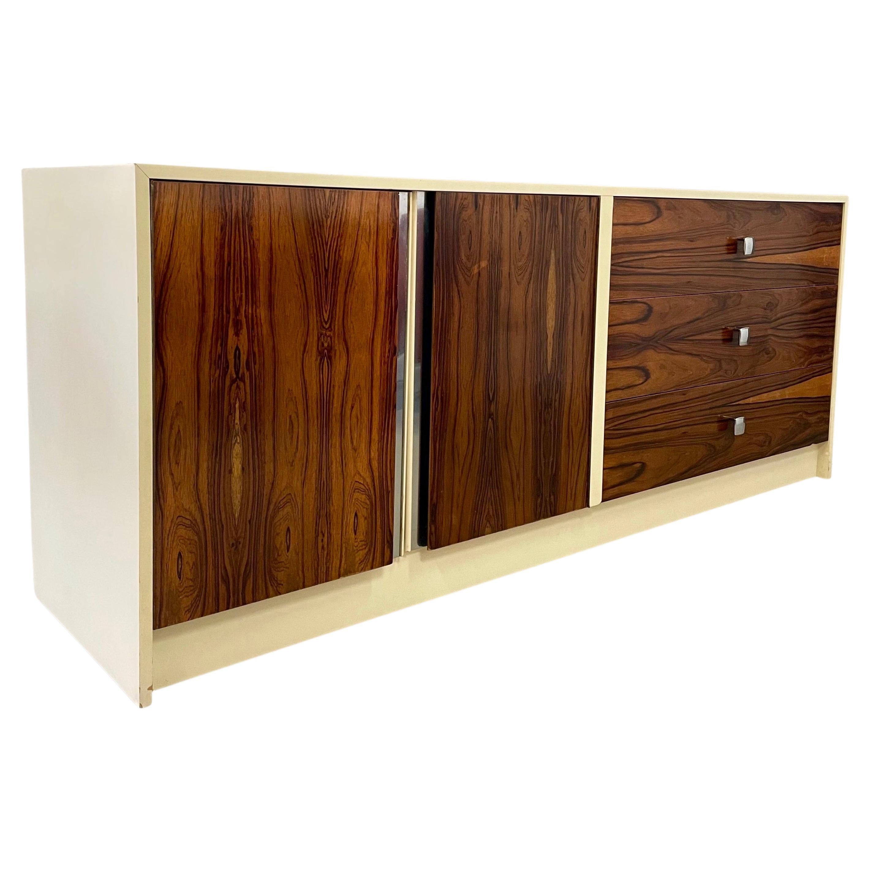 Milo Baughman Style Lacquer and Rosewood Credenza Chrome Accents Mid-Century For Sale