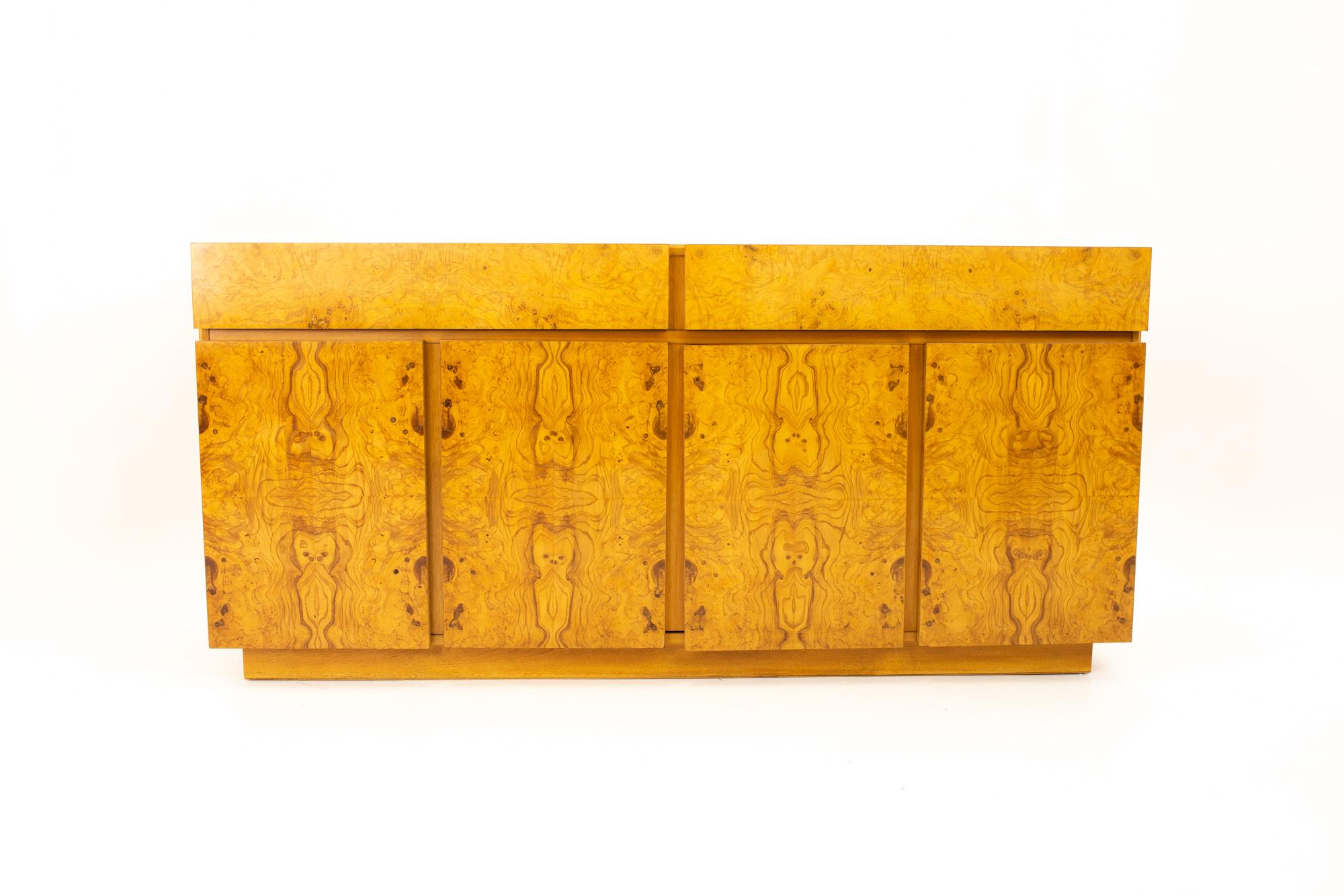 Milo Baughman style lane mid century burlwood and oak sideboard credenza.
Credenza measures: 68 wide x 18 deep x 32 high

All pieces of furniture can be had in what we call restored vintage condition. That means the piece is restored upon