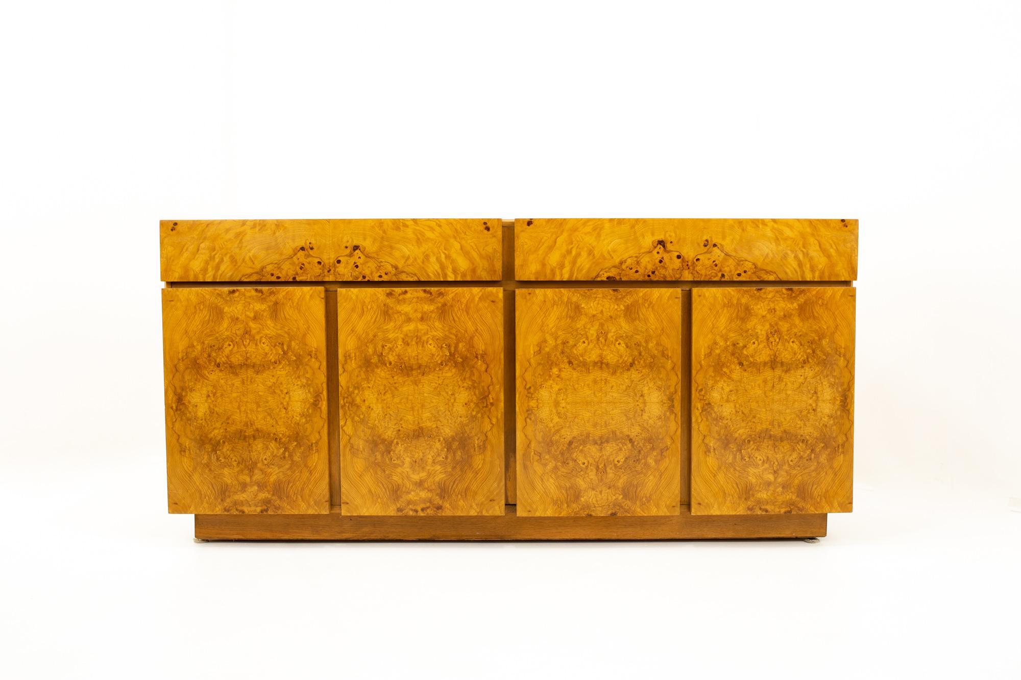Milo Baughman style lane mid century burlwood and oak sideboard credenza - This credenza has been restored and can be shipped in 2-4 weeks. 

Credenza measures: 68 wide x 18 deep x 32 high

All pieces of furniture can be had in what we call
