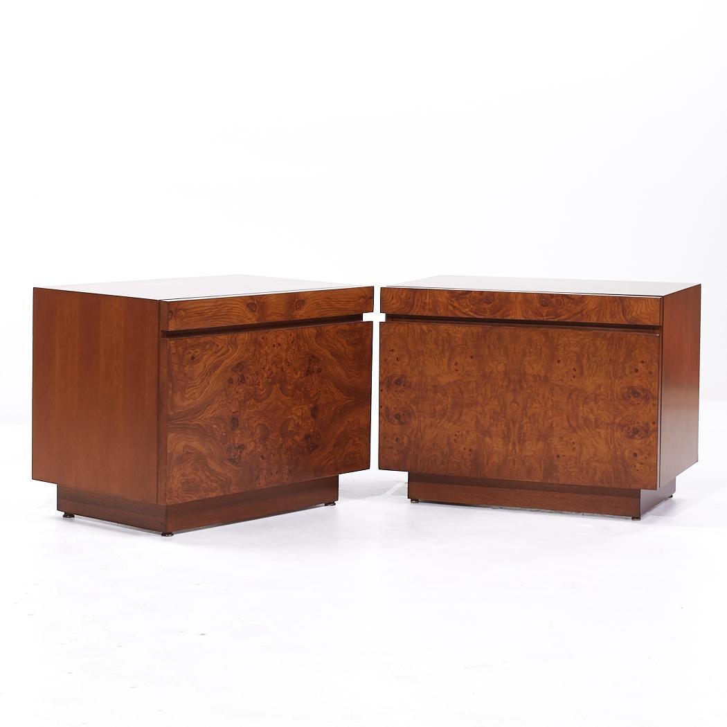 Milo Baughman Style Lane Mid Century Burlwood Nightstands - Pair

Each nightstand measures: 26 wide x 17 deep x 20 inches high

All pieces of furniture can be had in what we call restored vintage condition. That means the piece is restored upon