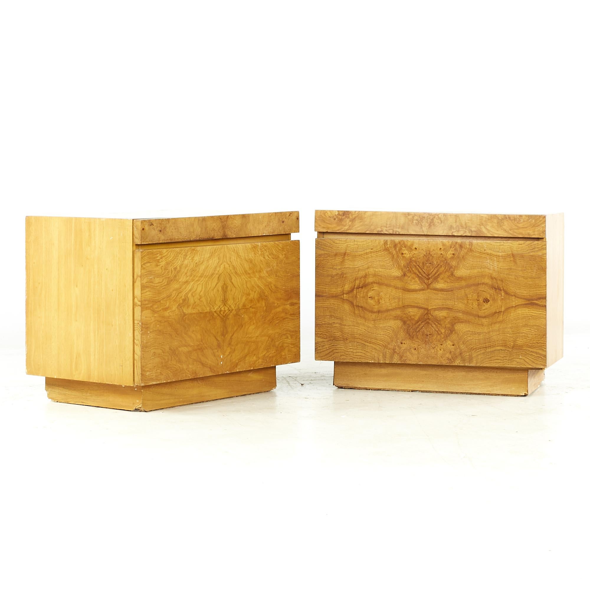 Milo Baughman Style Lane midcentury Burlwood Nightstands - Pair

Each nightstand measures: 26 wide x 17 deep x 20.25 inches high

All pieces of furniture can be had in what we call restored vintage condition. That means the piece is restored