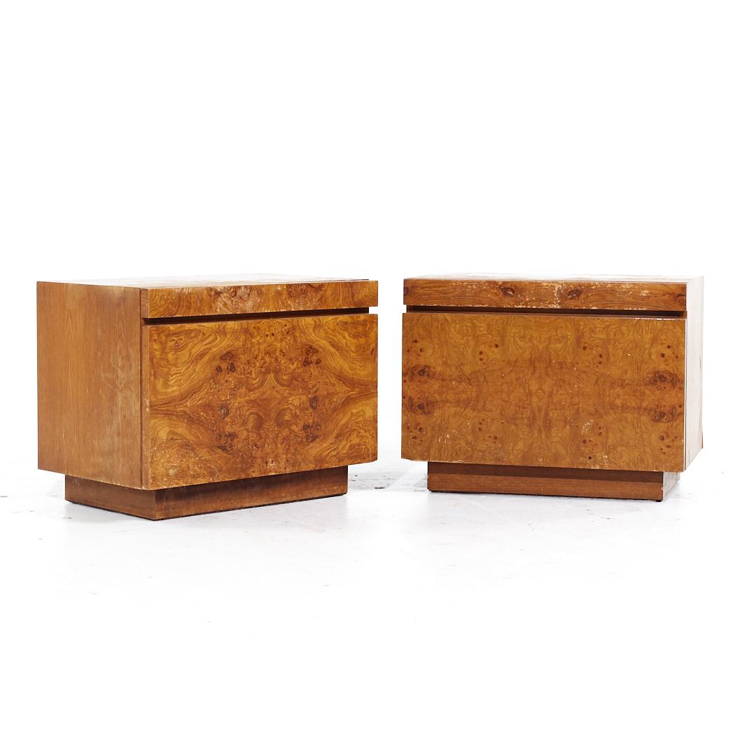 Milo Baughman Style Lane Mid Century Burlwood Nightstands - Pair

Each nightstand measures: 26 wide x 17 deep x 20 inches high

All pieces of furniture can be had in what we call restored vintage condition. That means the piece is restored upon