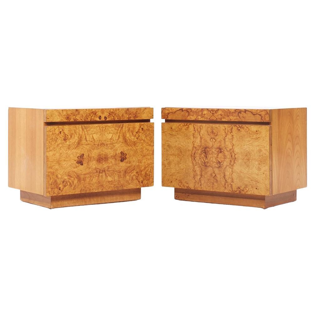 Milo Baughman Style Lane Mid Century Burlwood Nightstands - Pair