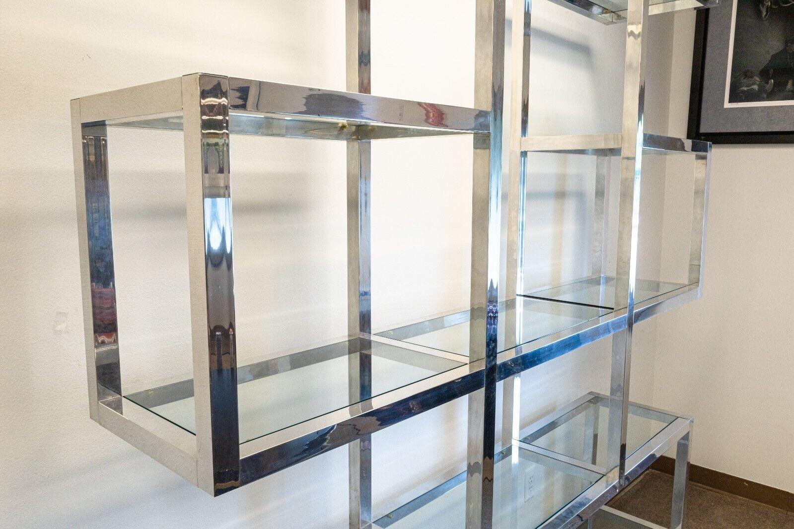 Milo Baughman Style Large Chrome and Glass Floating Etagere Shelving Wall Unit In Good Condition For Sale In Keego Harbor, MI