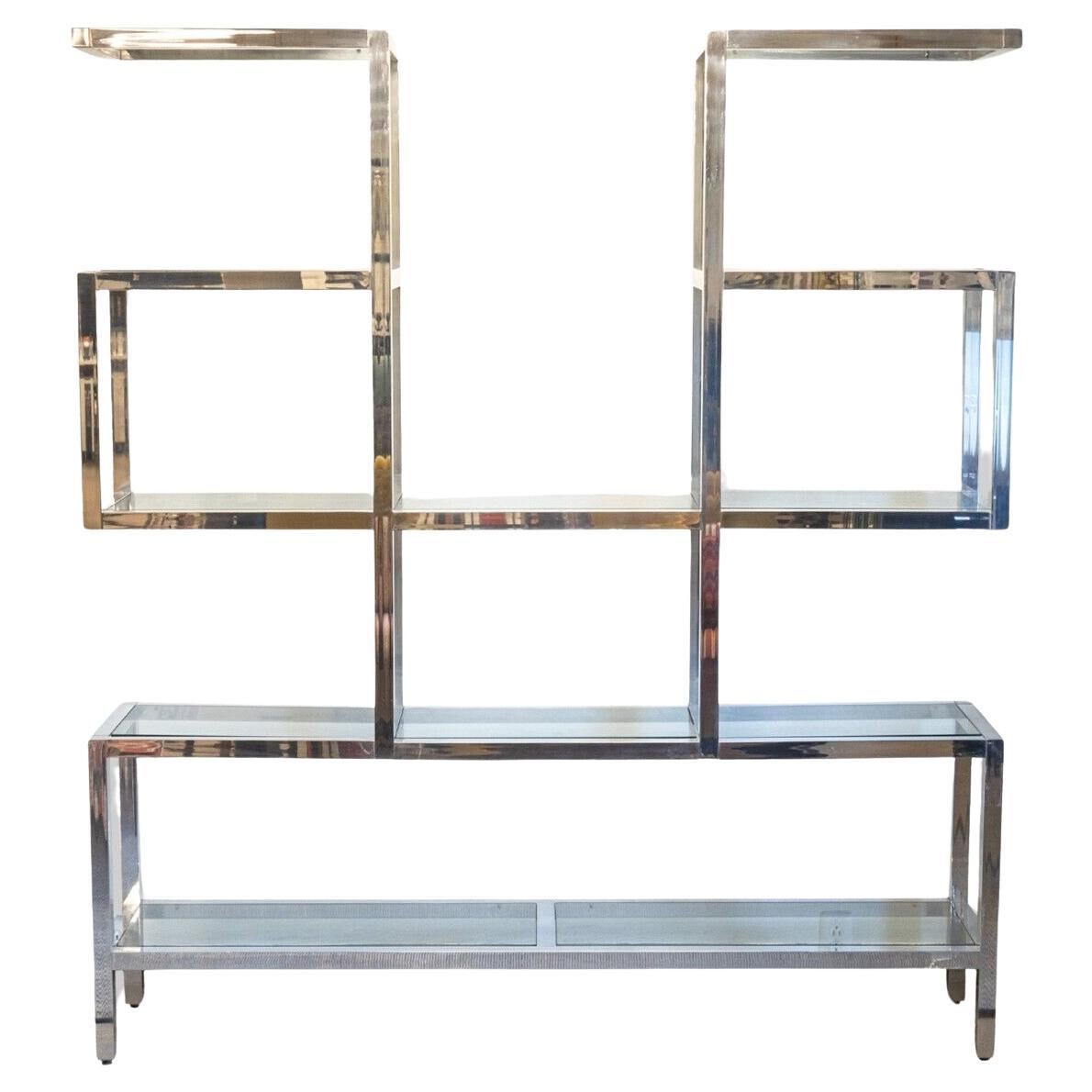 Milo Baughman Style Large Chrome and Glass Floating Etagere Shelving Wall Unit For Sale
