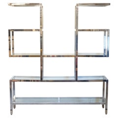 Antique Milo Baughman Style Large Chrome and Glass Floating Etagere Shelving Wall Unit