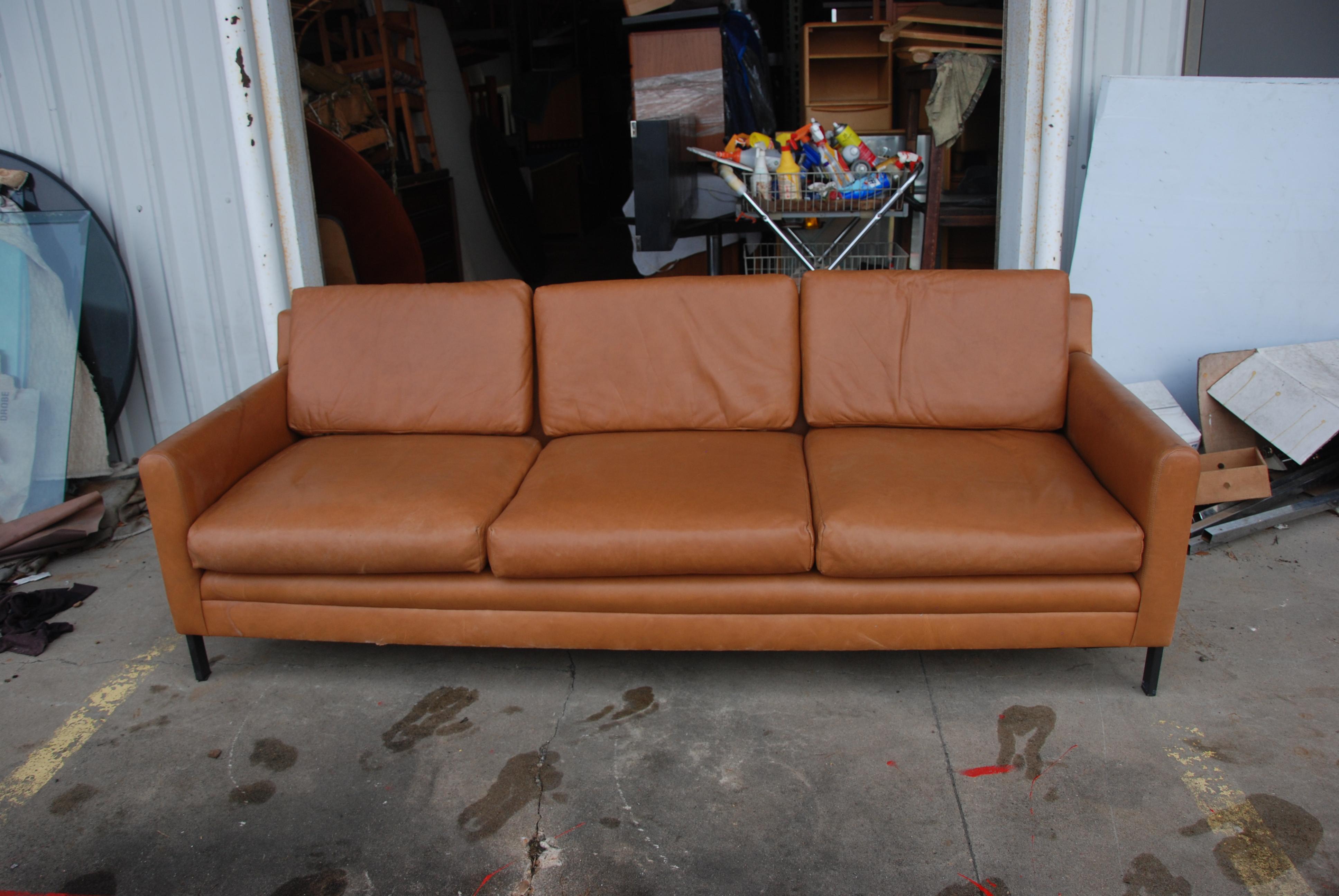 Mid-Century Modern Milo Baughman Style Leather Sofa