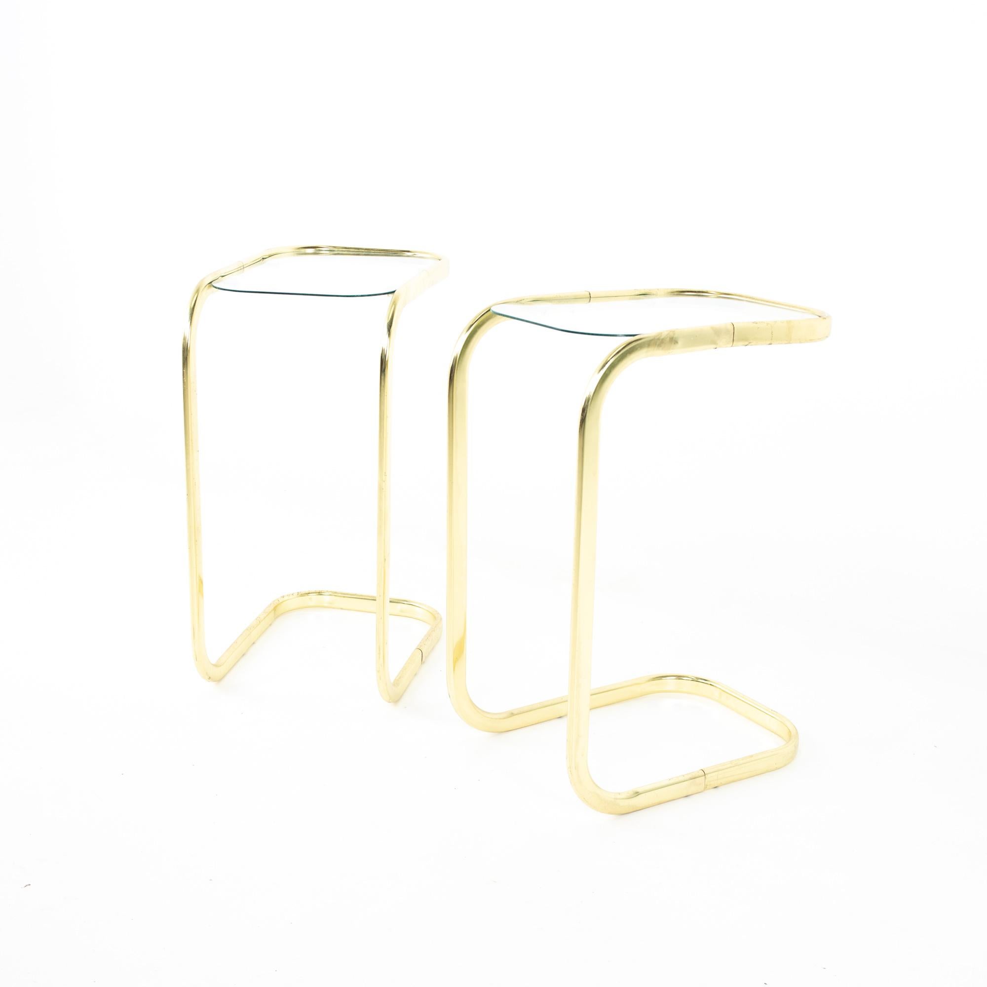 Mid-Century Modern Milo Baughman Style Brass and Glass Cantilever Side End Tables, Pair For Sale