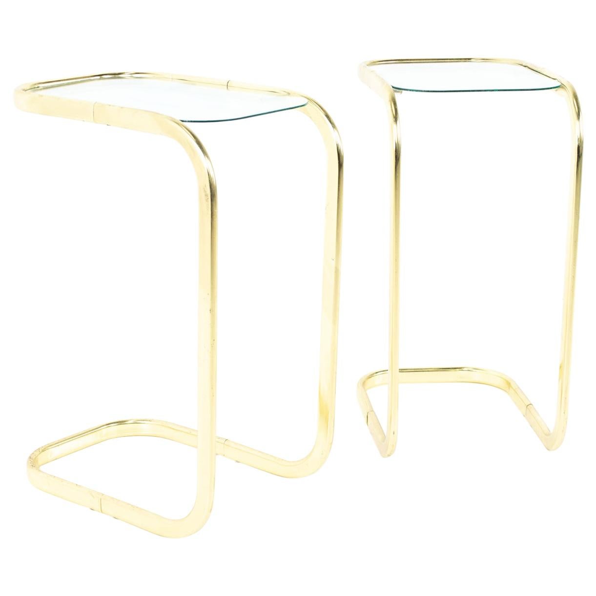 Milo Baughman Style MCM Brass and Glass Cantilever Side End Tables, Pair
