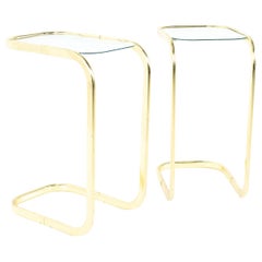 Milo Baughman Style Brass and Glass Cantilever Side End Tables, Pair