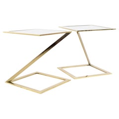 Milo Baughman Style MCM Brass and Glass Z Side End Accent Tables, a Pair