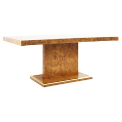 Milo Baughman Style MCM Burlwood and Brass Expanding Pedestal Base Dining Table