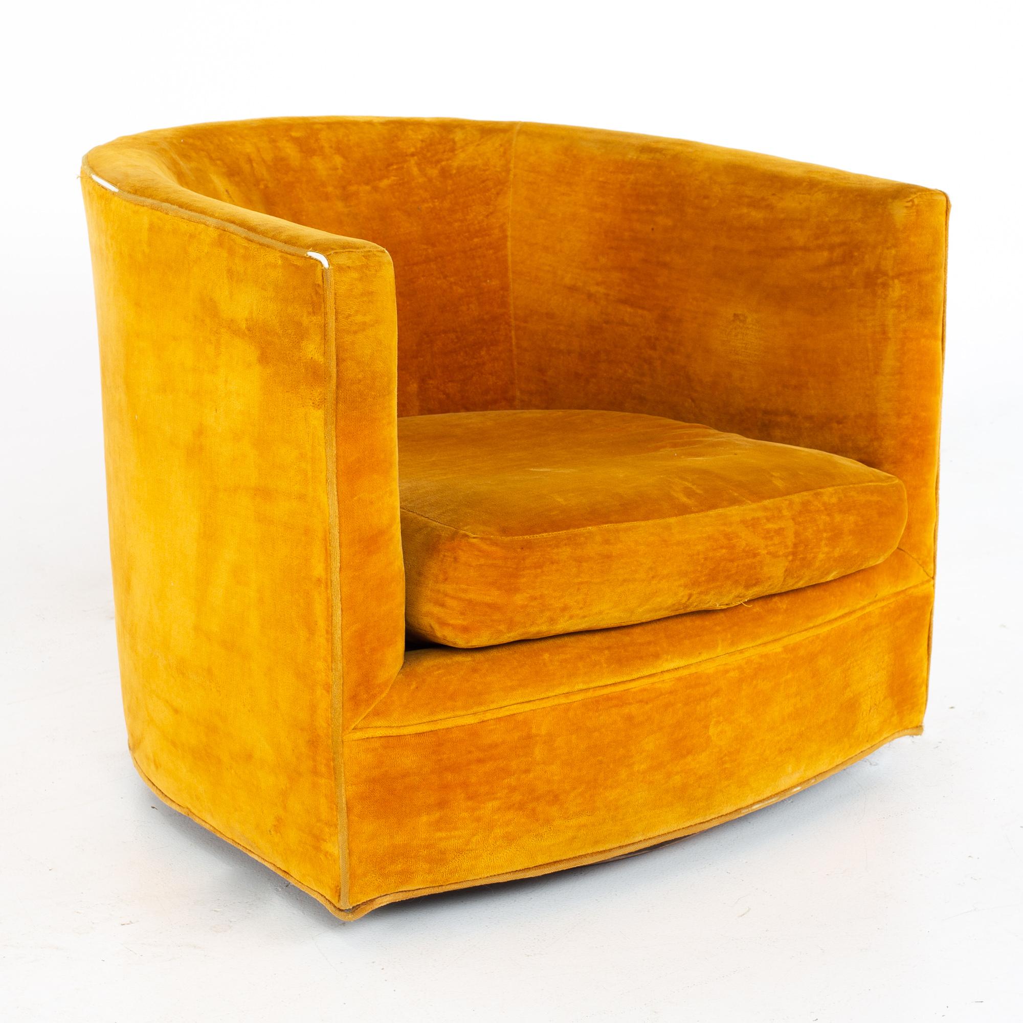 American Milo Baughman Style Mid Century Barrel Swivel Lounge Chairs, a Pair