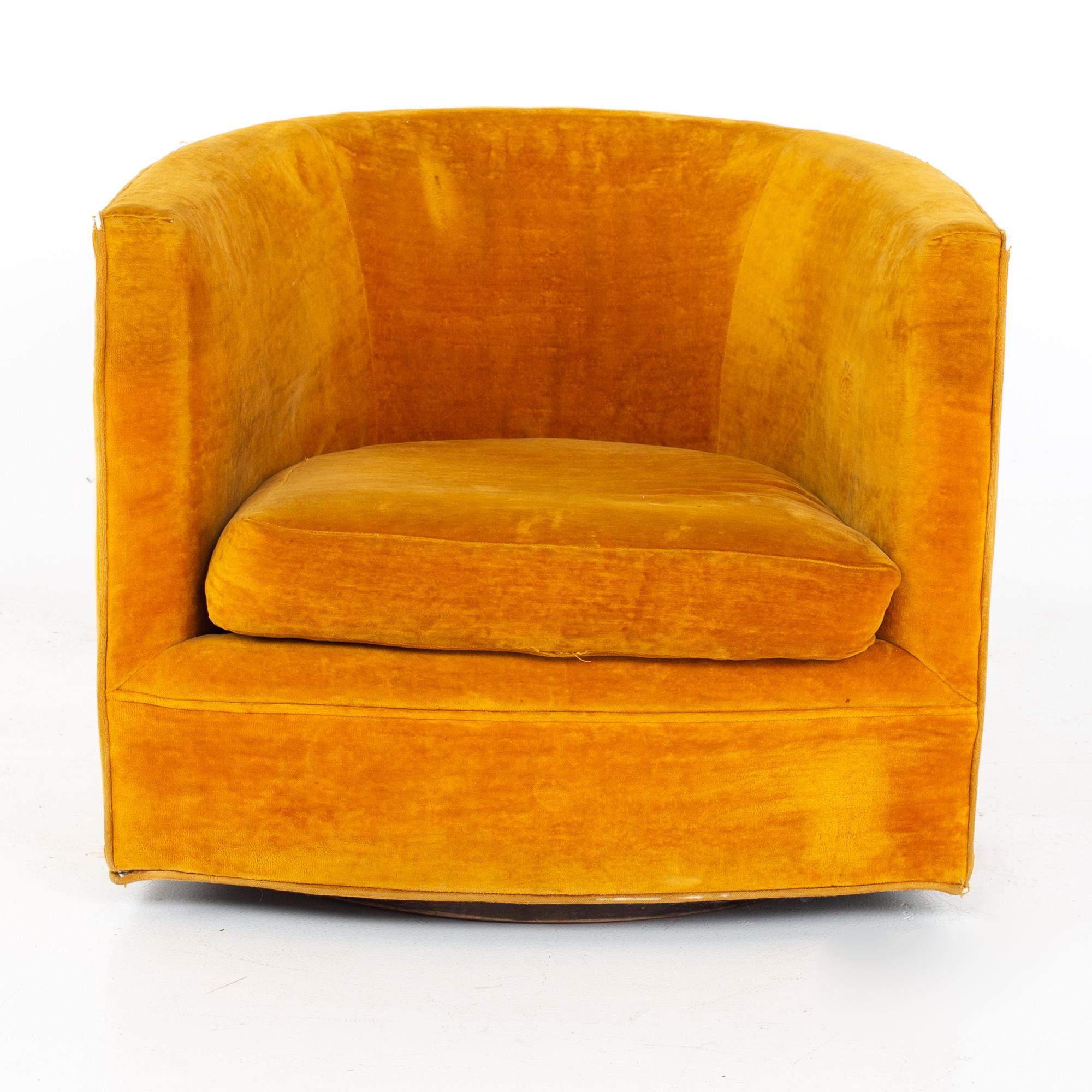 Late 20th Century Milo Baughman Style Mid Century Barrel Swivel Lounge Chairs, a Pair