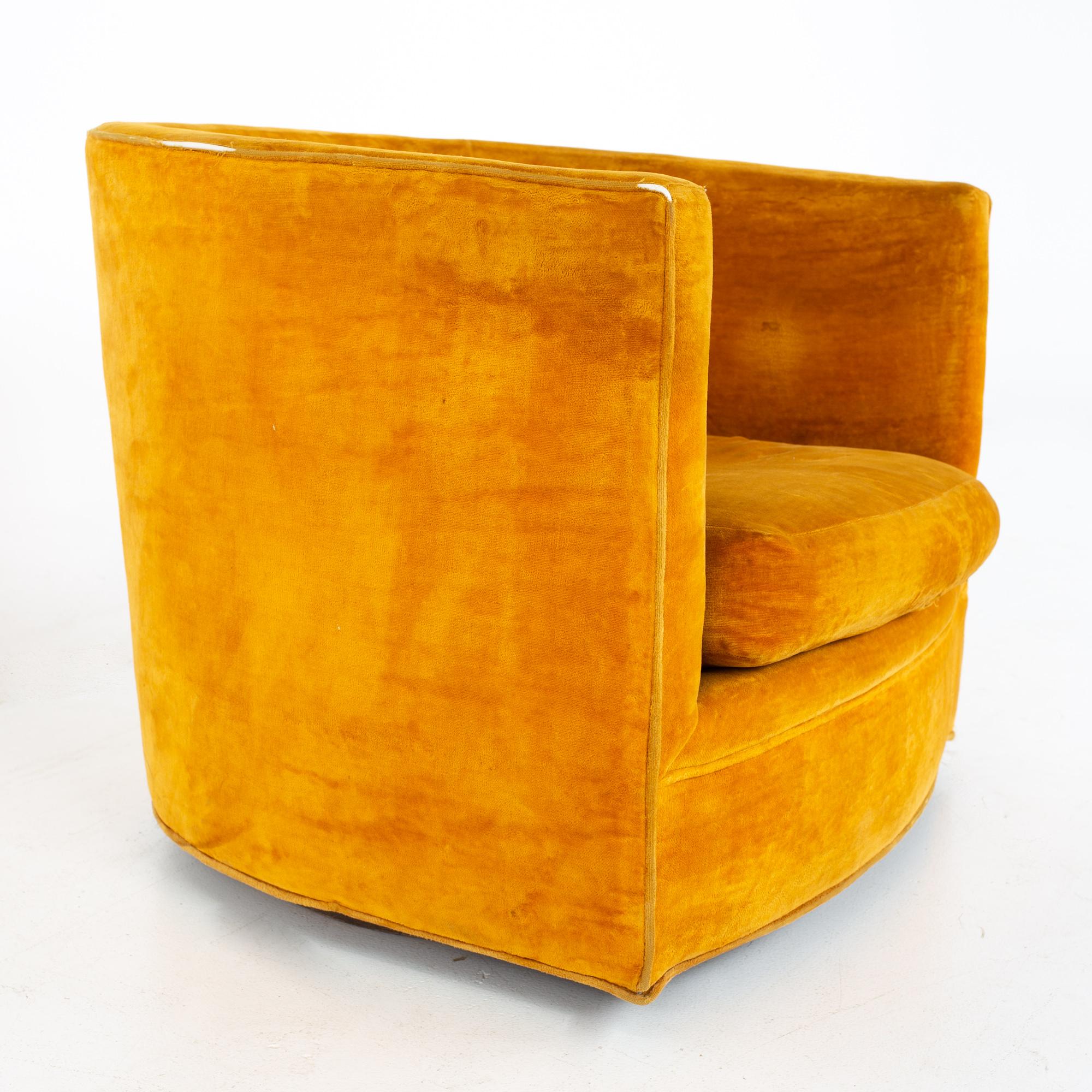 Metal Milo Baughman Style Mid Century Barrel Swivel Lounge Chairs, a Pair