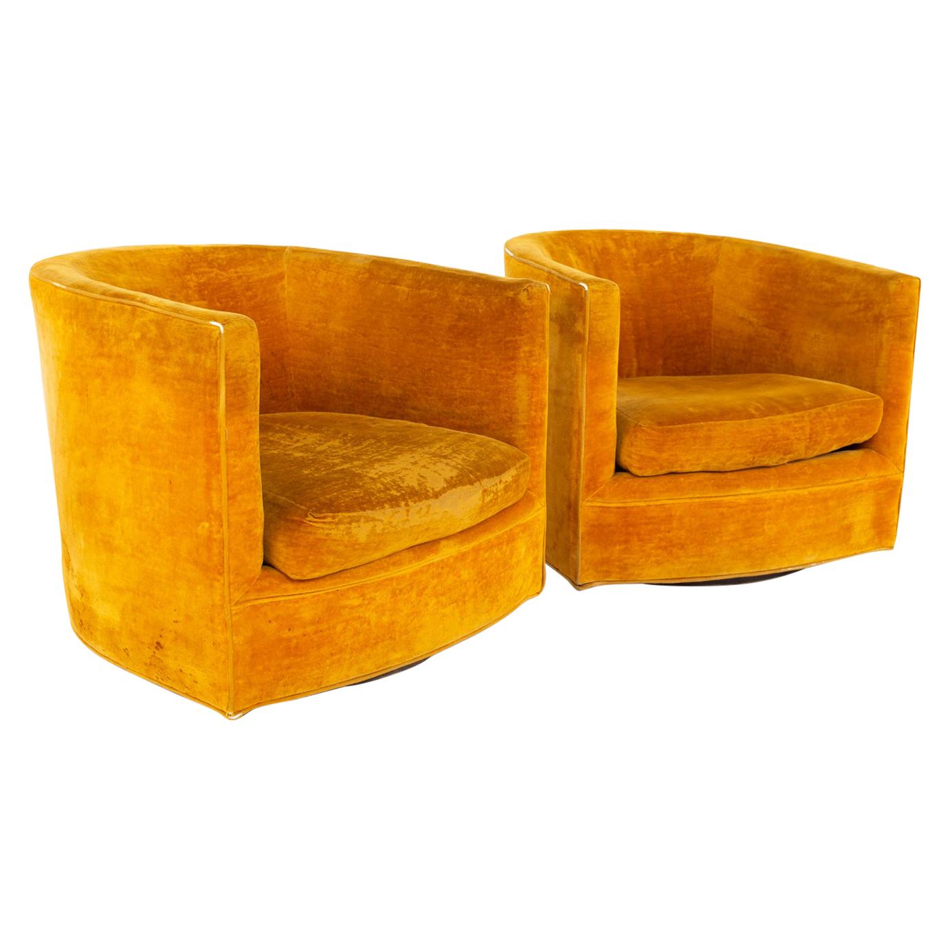 Milo Baughman Style Mid Century Barrel Swivel Lounge Chairs, a Pair