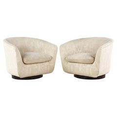 Milo Baughman Style Mid Century Barrel Swivel Lounge Chairs, Pair