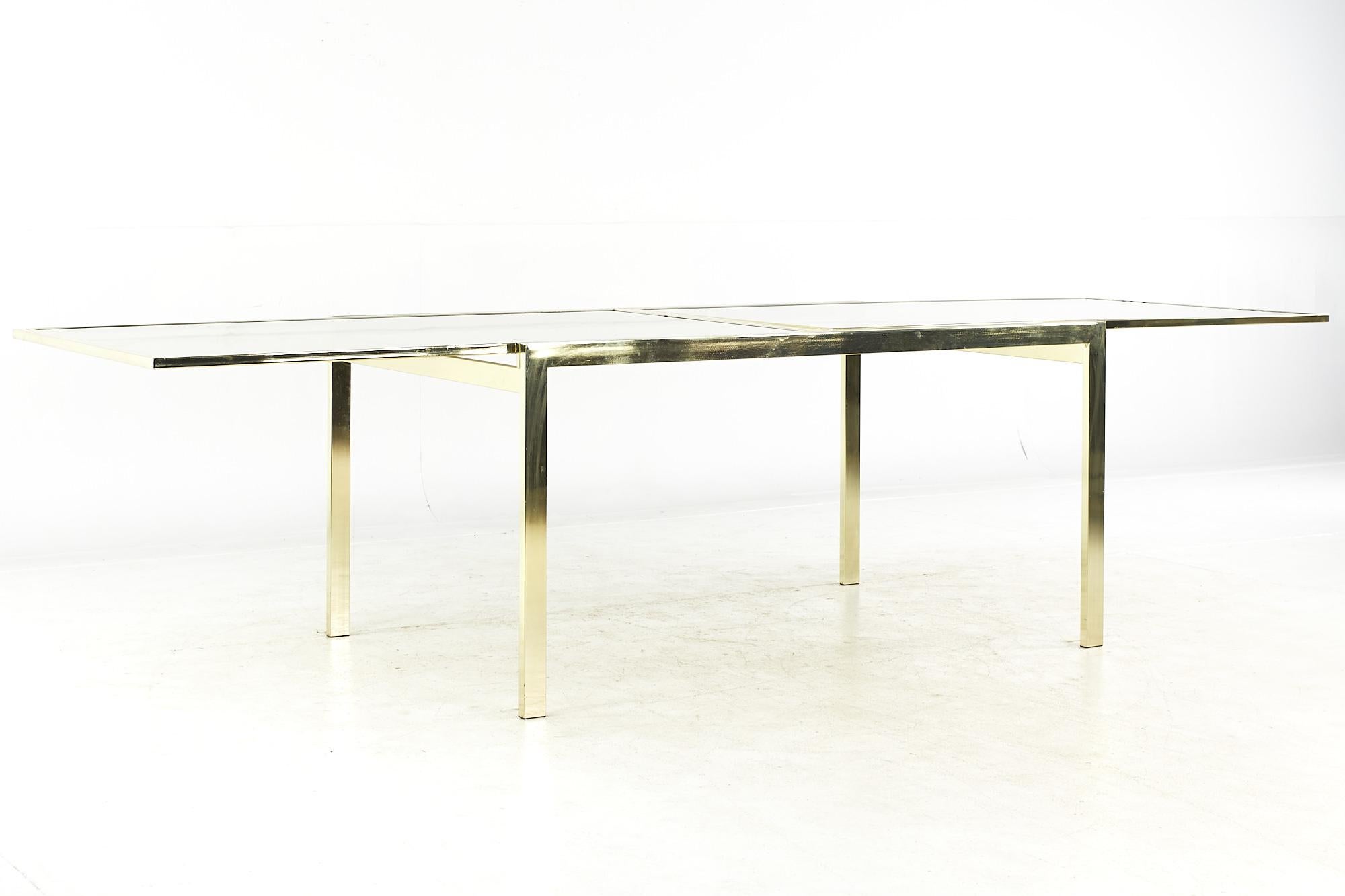 Milo Baughman Style Mid Century Brass and Smoked Glass Extension Dining Table 1