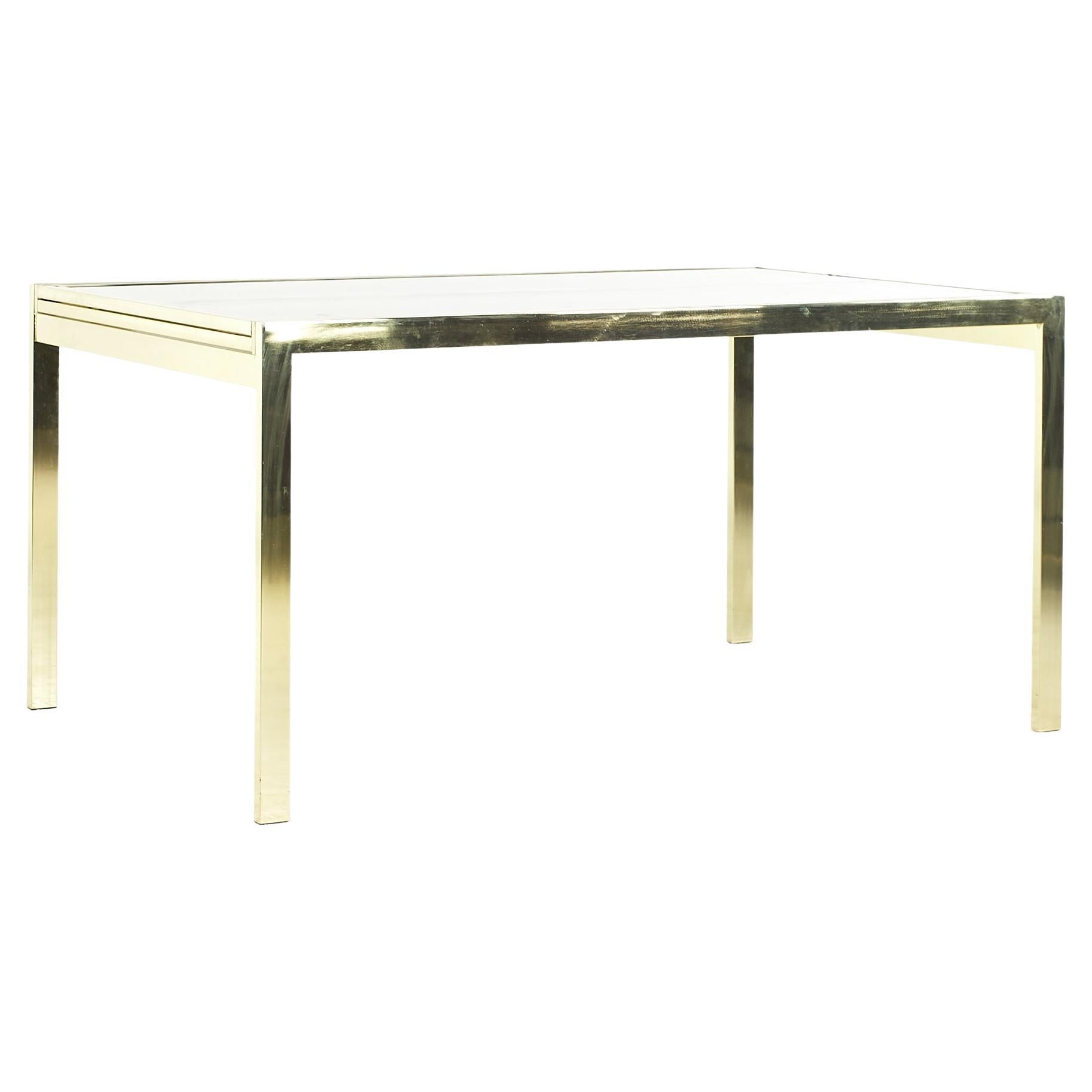 Milo Baughman Style Mid Century Brass and Smoked Glass Extension Dining Table