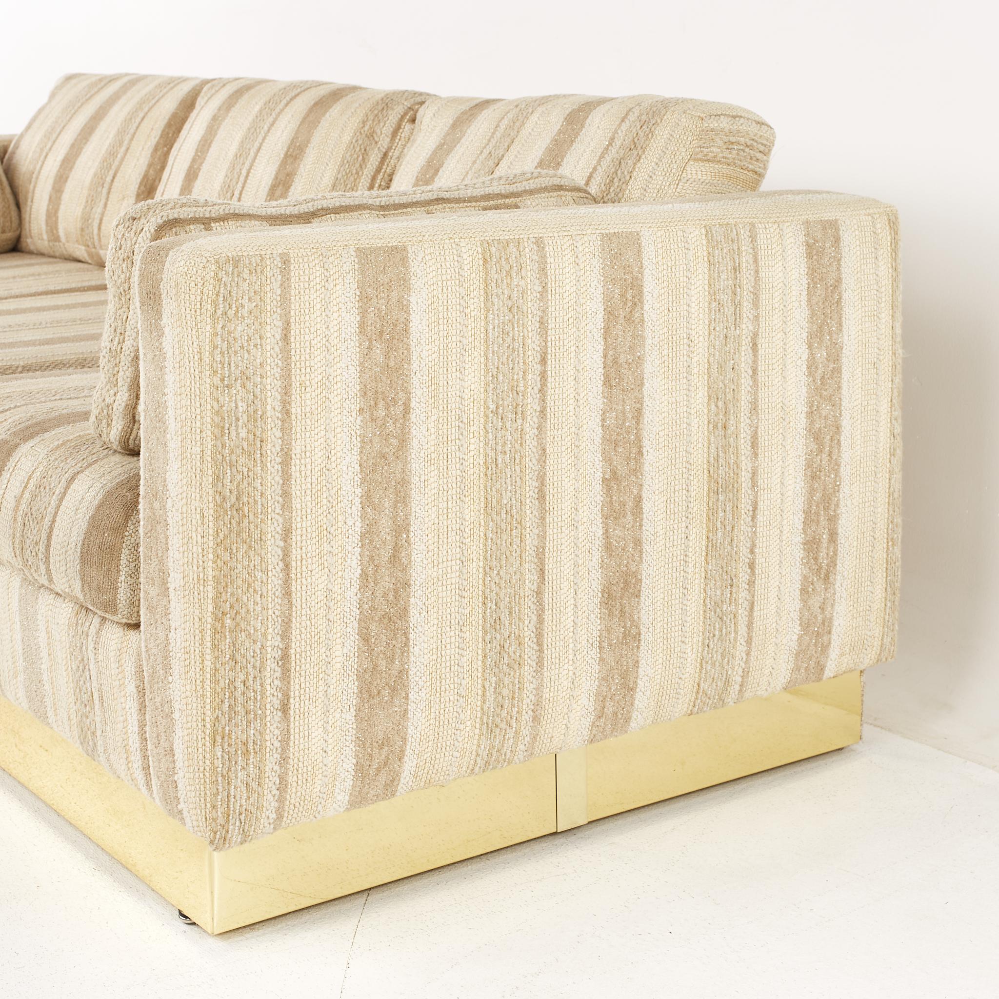 American Milo Baughman Style Mid-Century Brass Base Sofa For Sale
