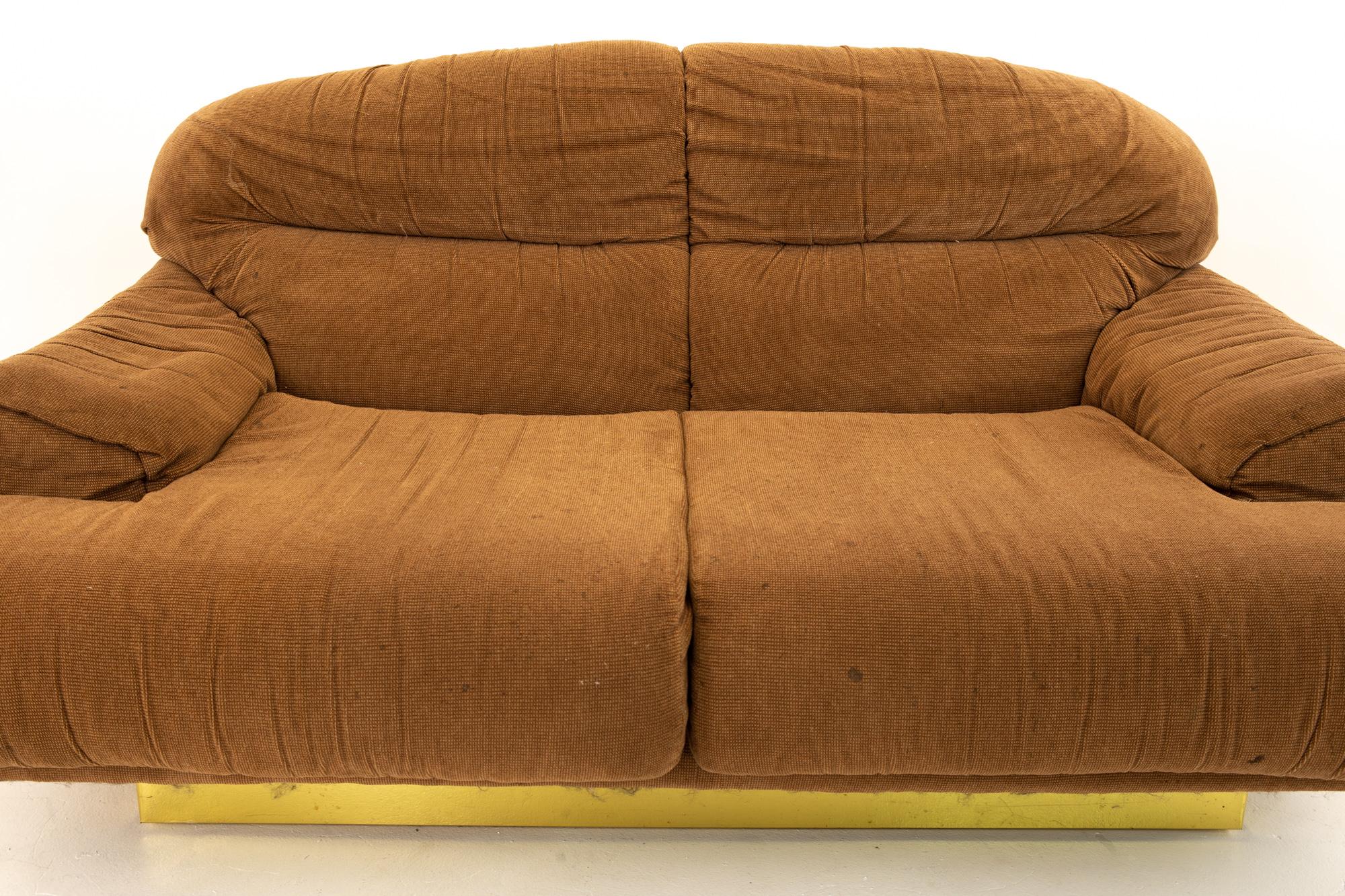 American Milo Baughman Style Mid Century Brass Base Sofa For Sale