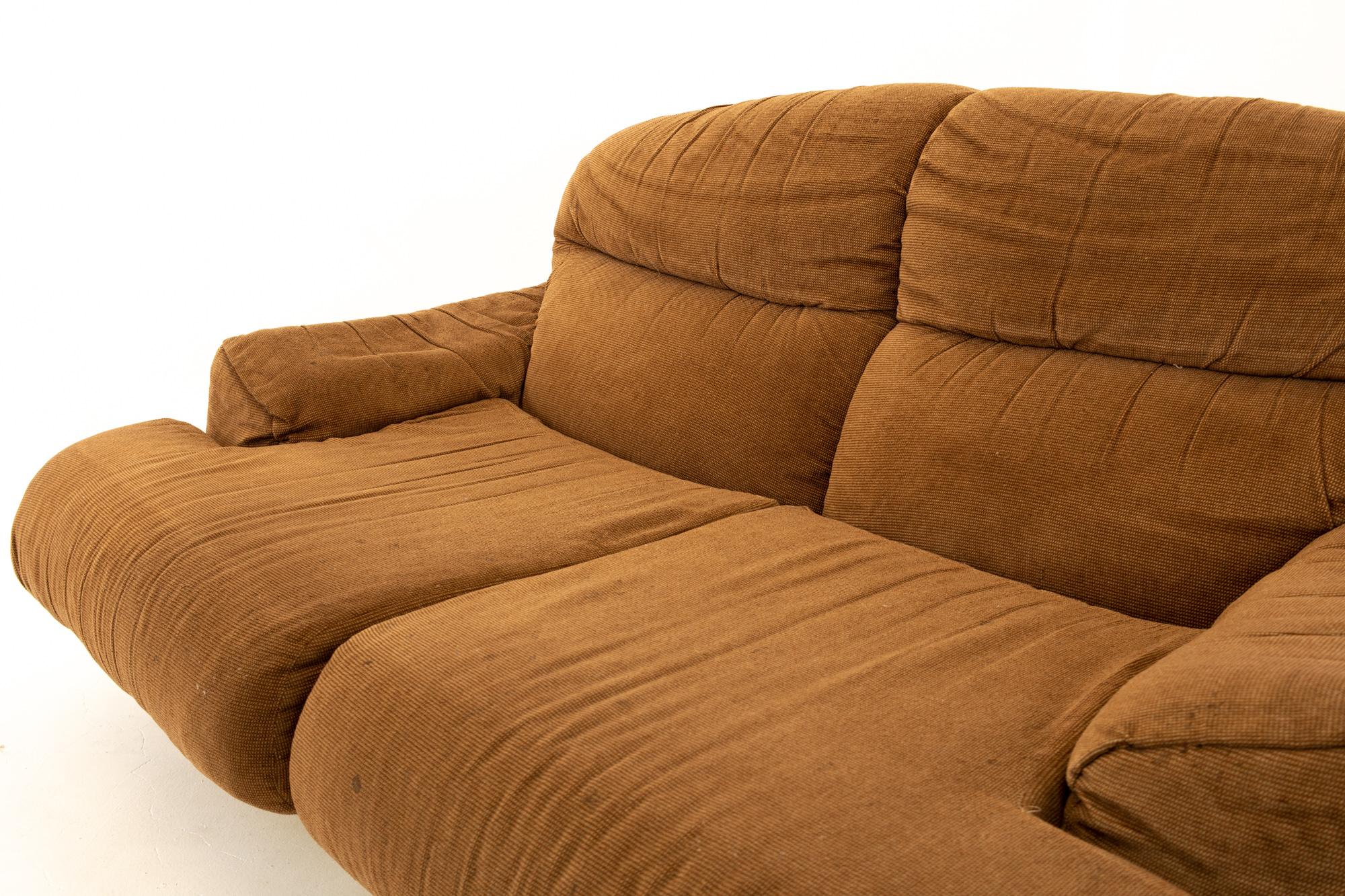 Late 20th Century Milo Baughman Style Mid Century Brass Base Sofa For Sale