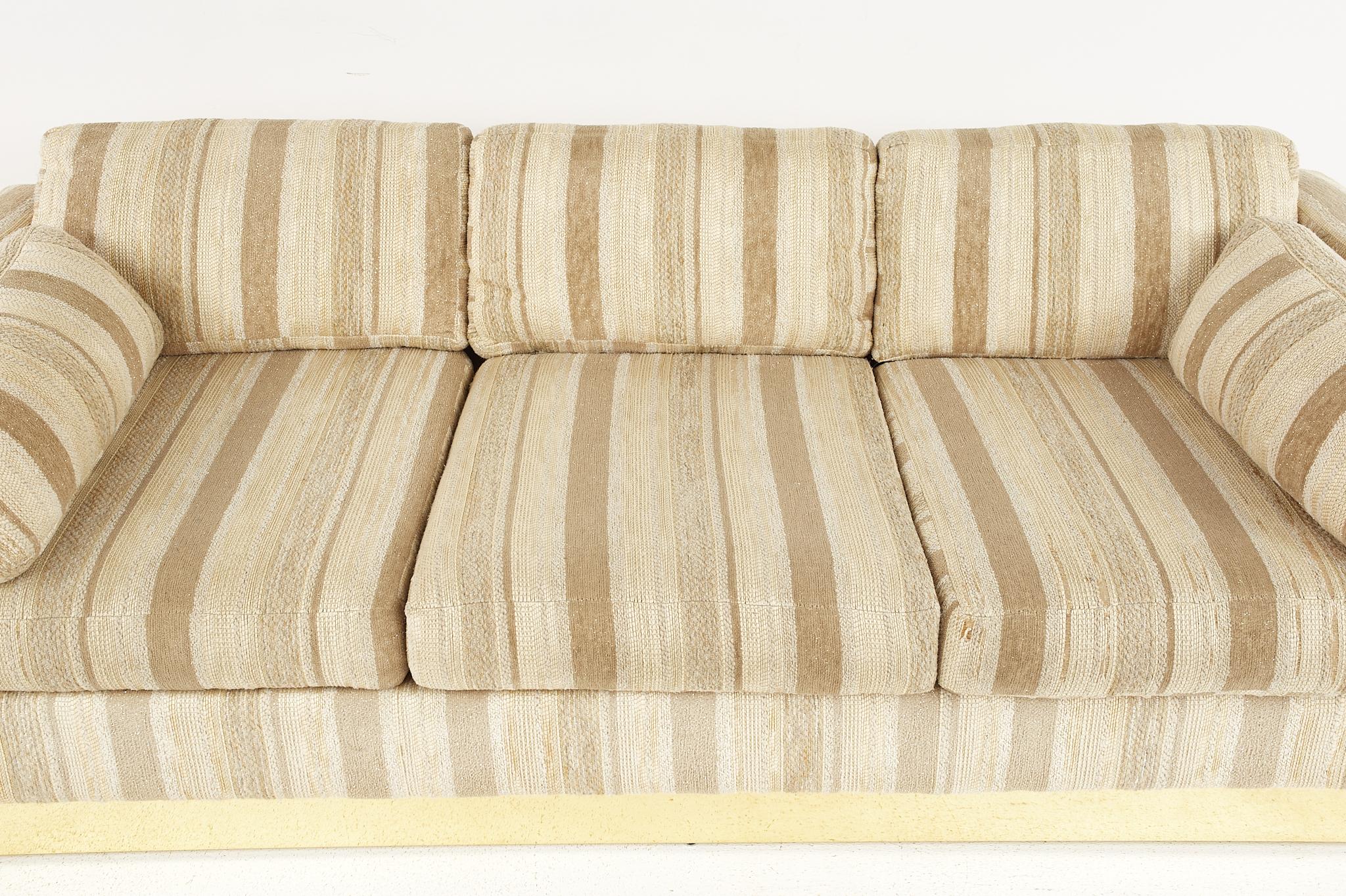 Upholstery Milo Baughman Style Mid-Century Brass Base Sofa For Sale