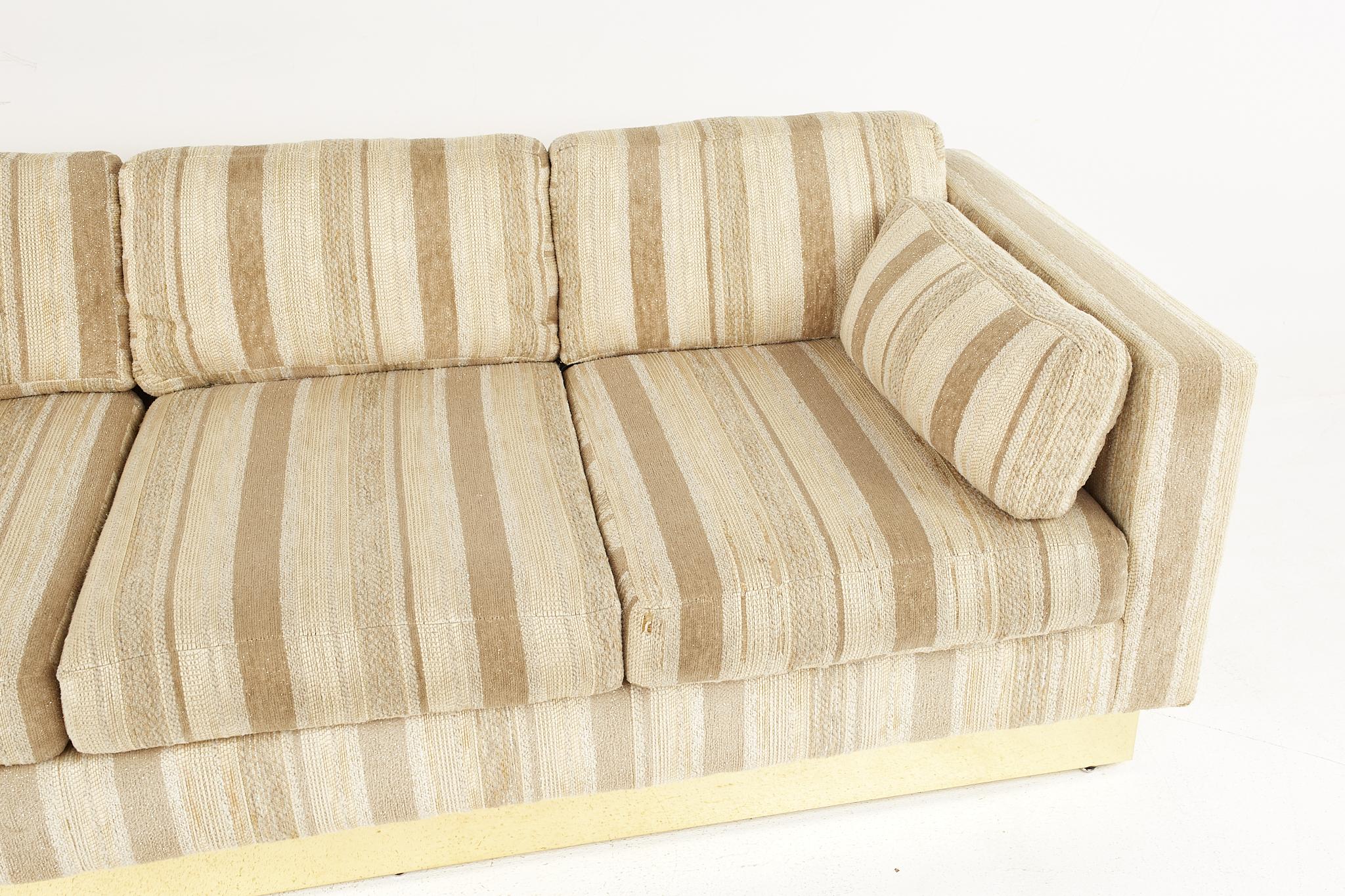 Milo Baughman Style Mid-Century Brass Base Sofa For Sale 1