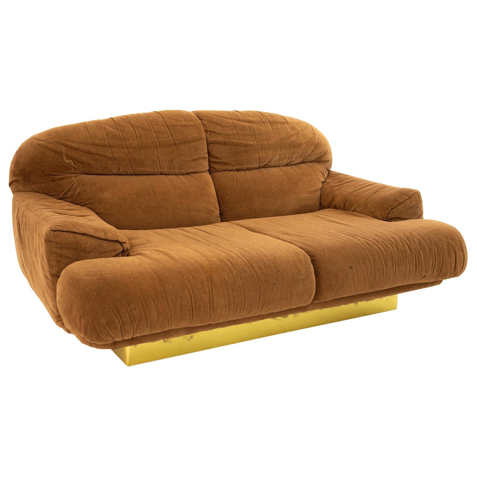 Milo Baughman Style Mid Century Brass Base Sofa For Sale