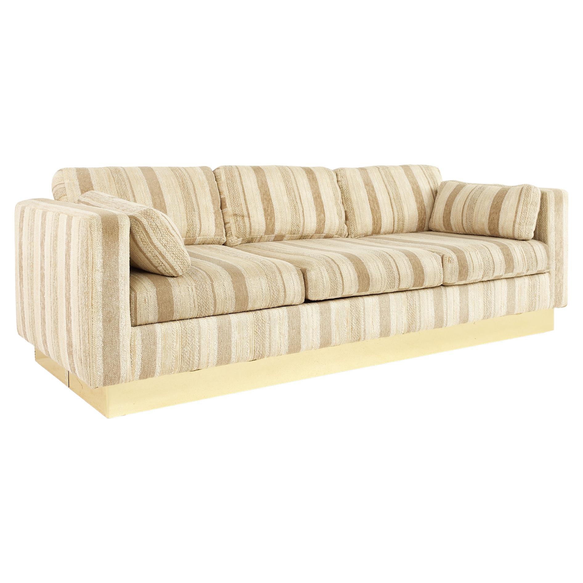 Milo Baughman Style Mid-Century Brass Base Sofa For Sale
