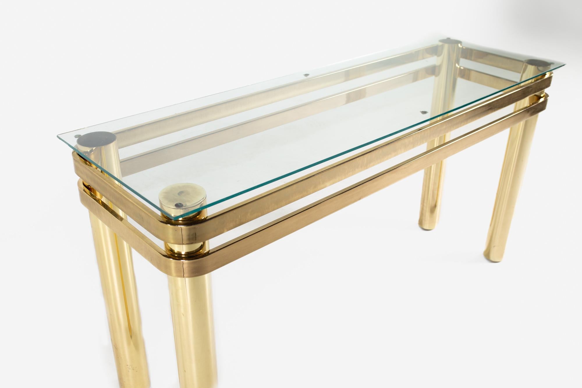 American Milo Baughman Style Mid Century Brass Sofa Table For Sale