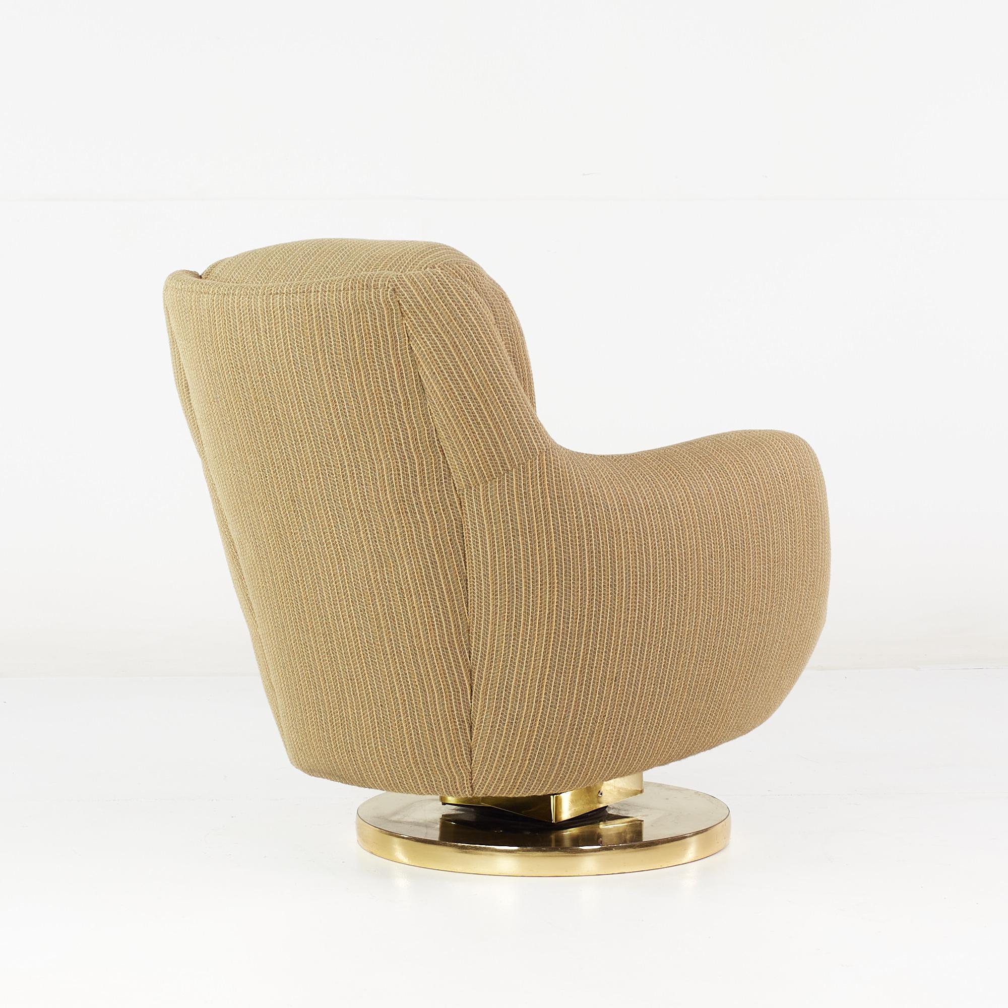 American Milo Baughman Style Mid Century Brass Swivel Base Lounge Chair For Sale