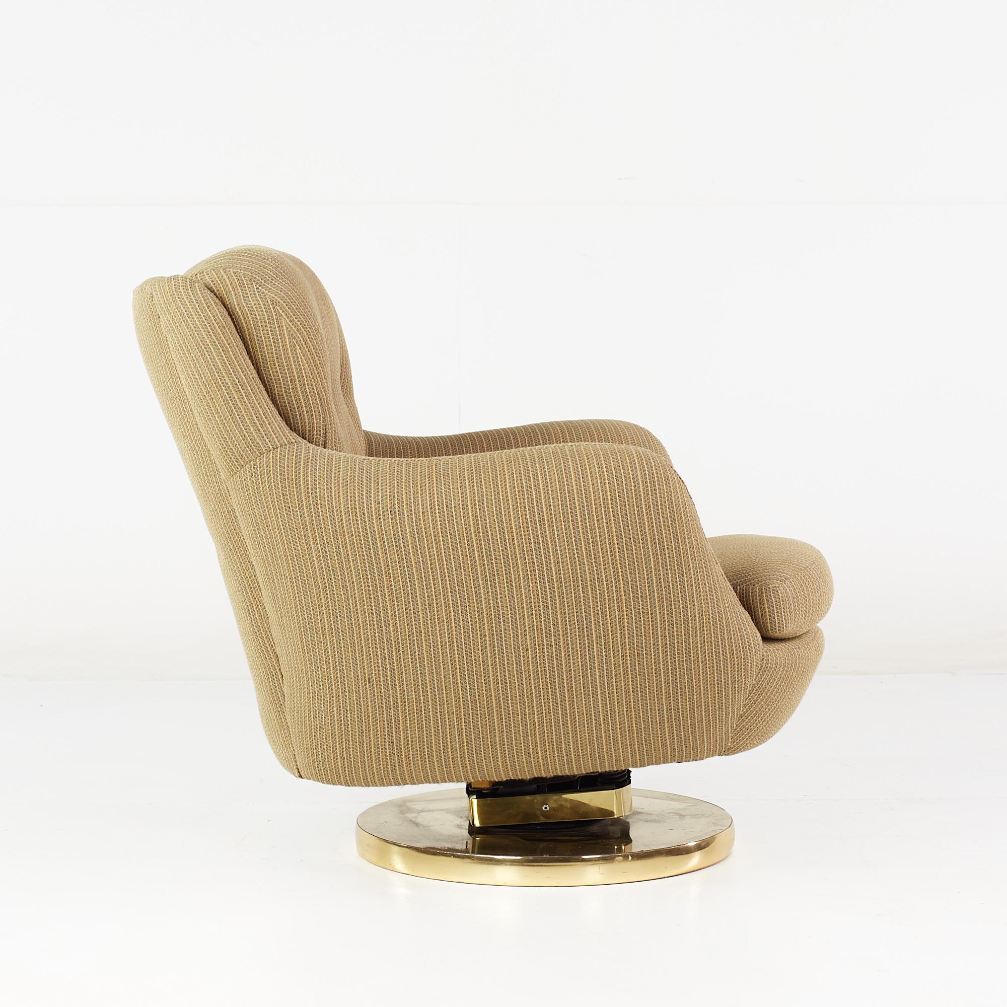 Milo Baughman Style Mid Century Brass Swivel Base Lounge Chair For Sale 1