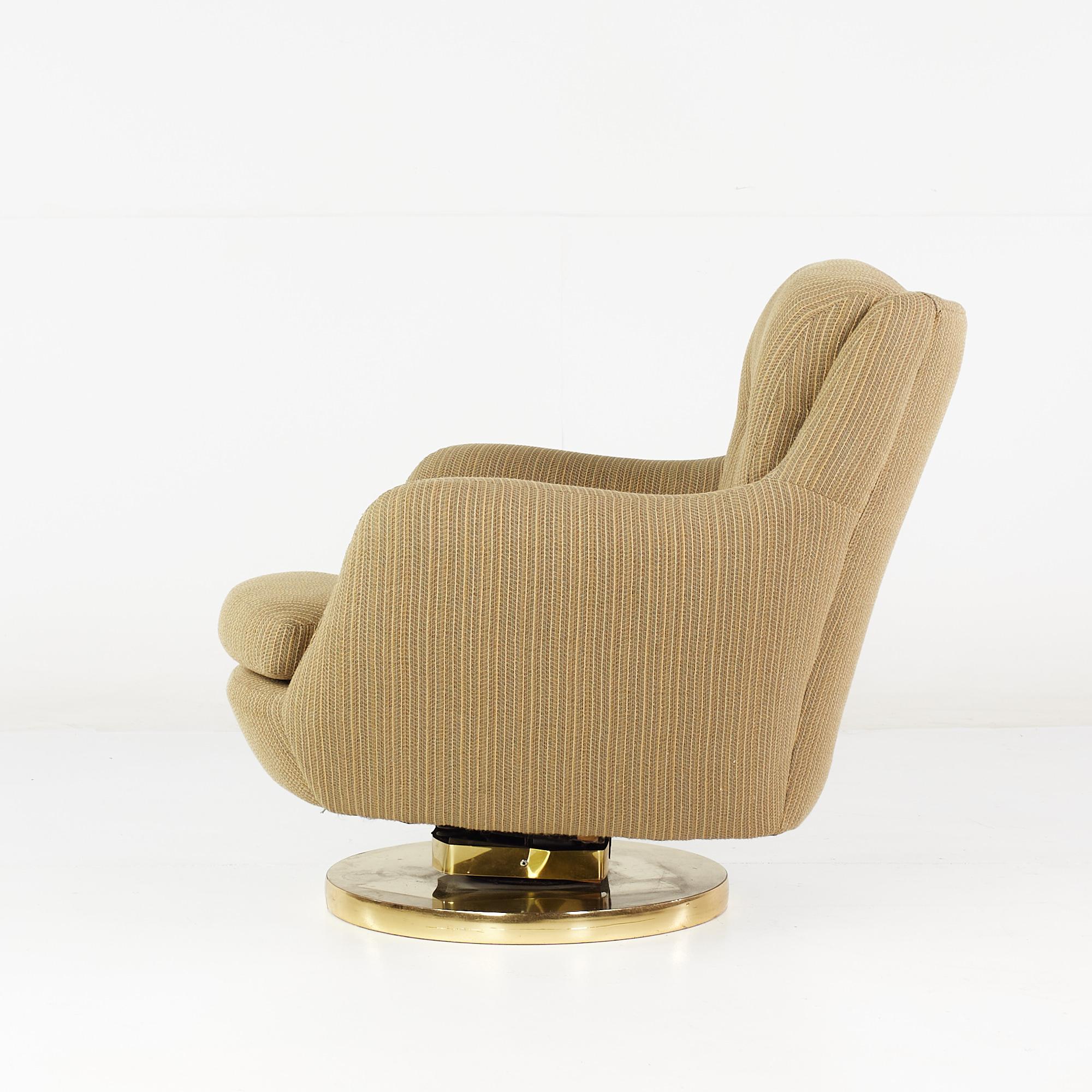 Milo Baughman Style Mid Century Brass Swivel Base Lounge Chair For Sale 2