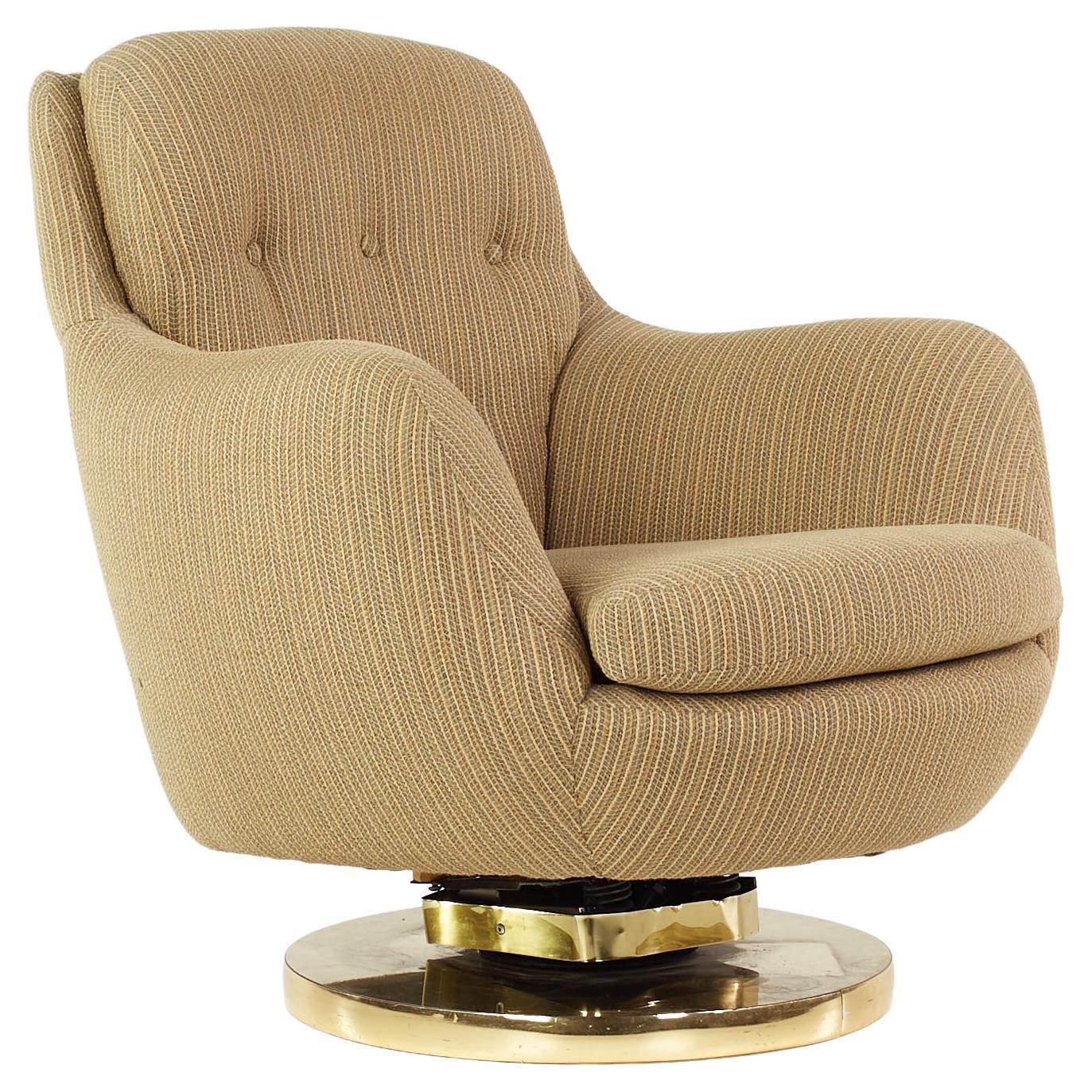Milo Baughman Style Mid Century Brass Swivel Base Lounge Chair For Sale