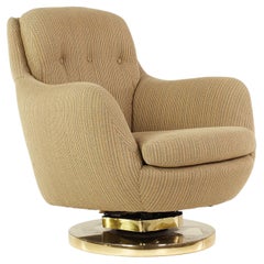 Milo Baughman Style Mid Century Brass Swivel Base Lounge Chair
