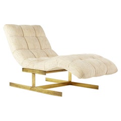 Milo Baughman Style Mid Century Brass Tufted Wave Chaise Lounge