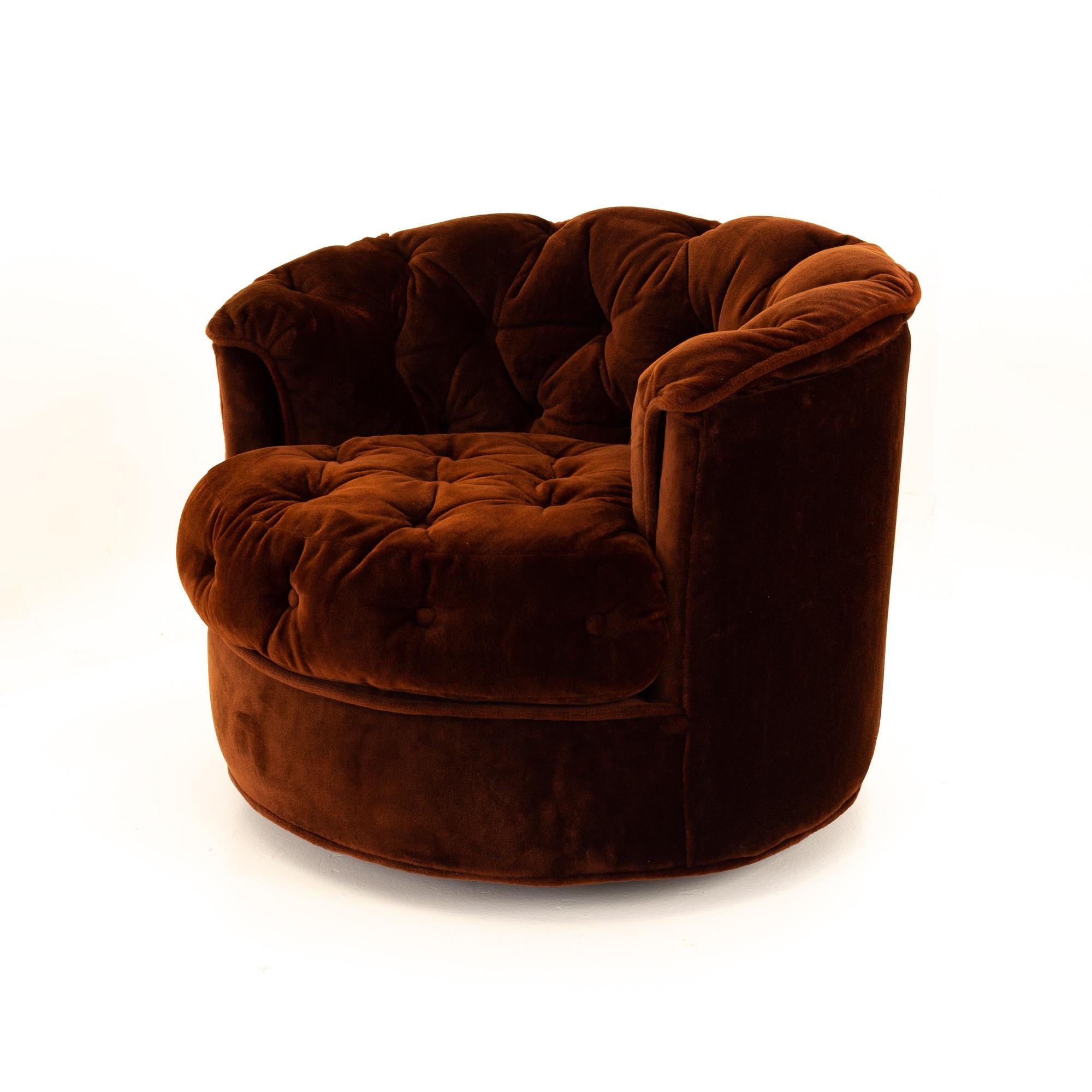 Milo Baughman Style Midcentury Burgundy Tufted Barrel Swivel Lounge Chairs, Pair 1