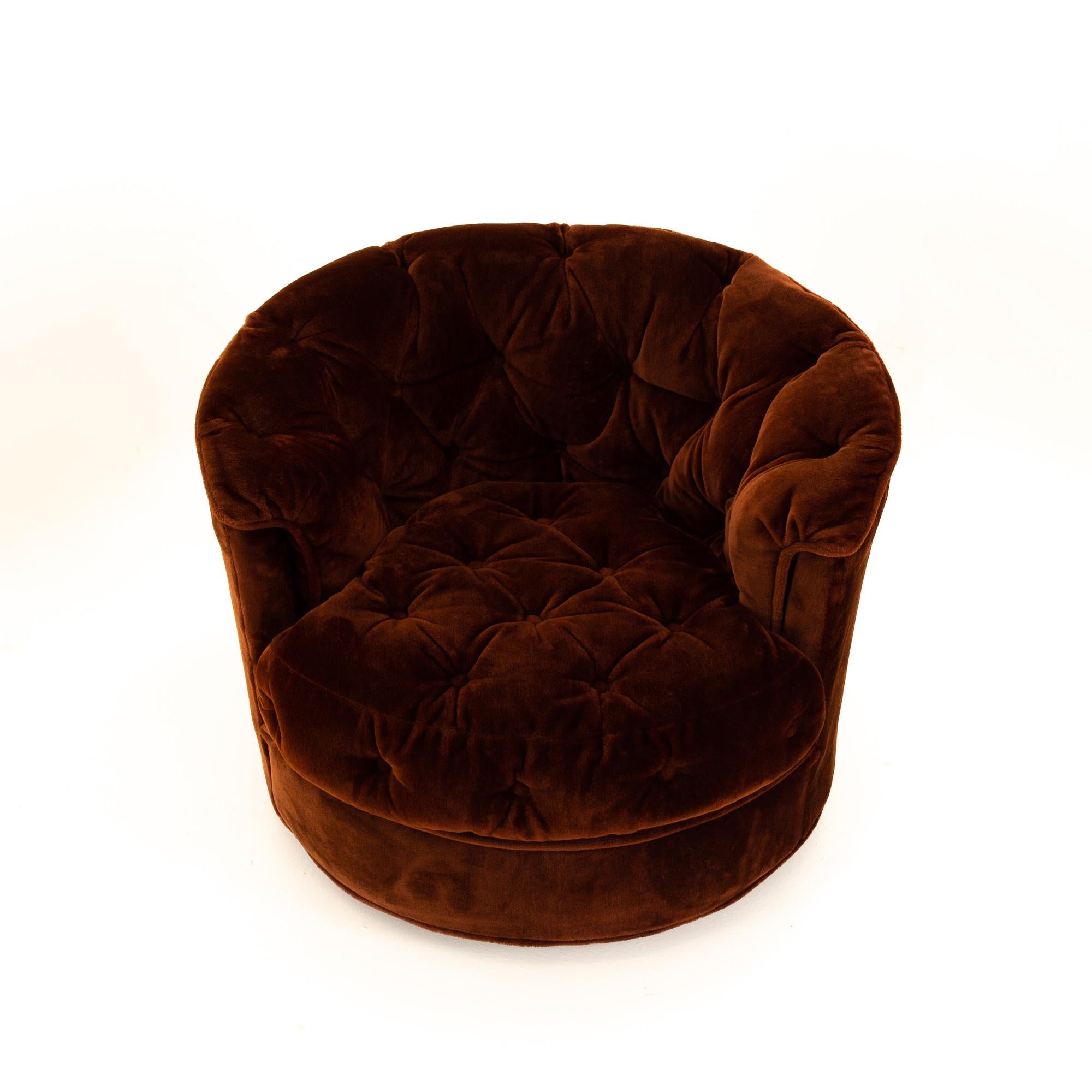 Milo Baughman Style Midcentury Burgundy Tufted Barrel Swivel Lounge Chairs, Pair 2