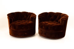 Milo Baughman Style Midcentury Burgundy Tufted Barrel Swivel Lounge Chairs, Pair