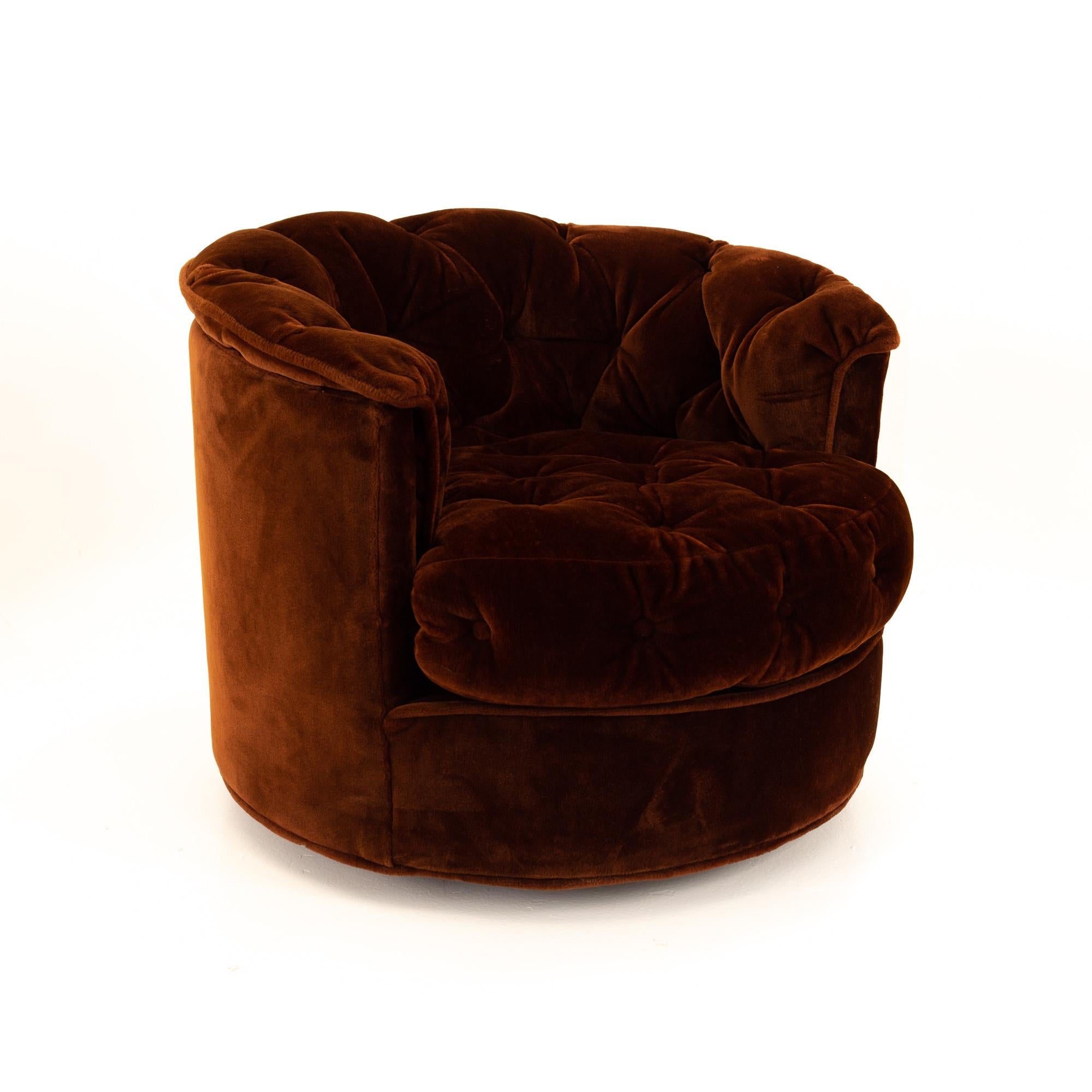 Mid-Century Modern Milo Baughman Style Midcentury Burgundy Tufted Barrel Swivel Lounge Chairs, Pair
