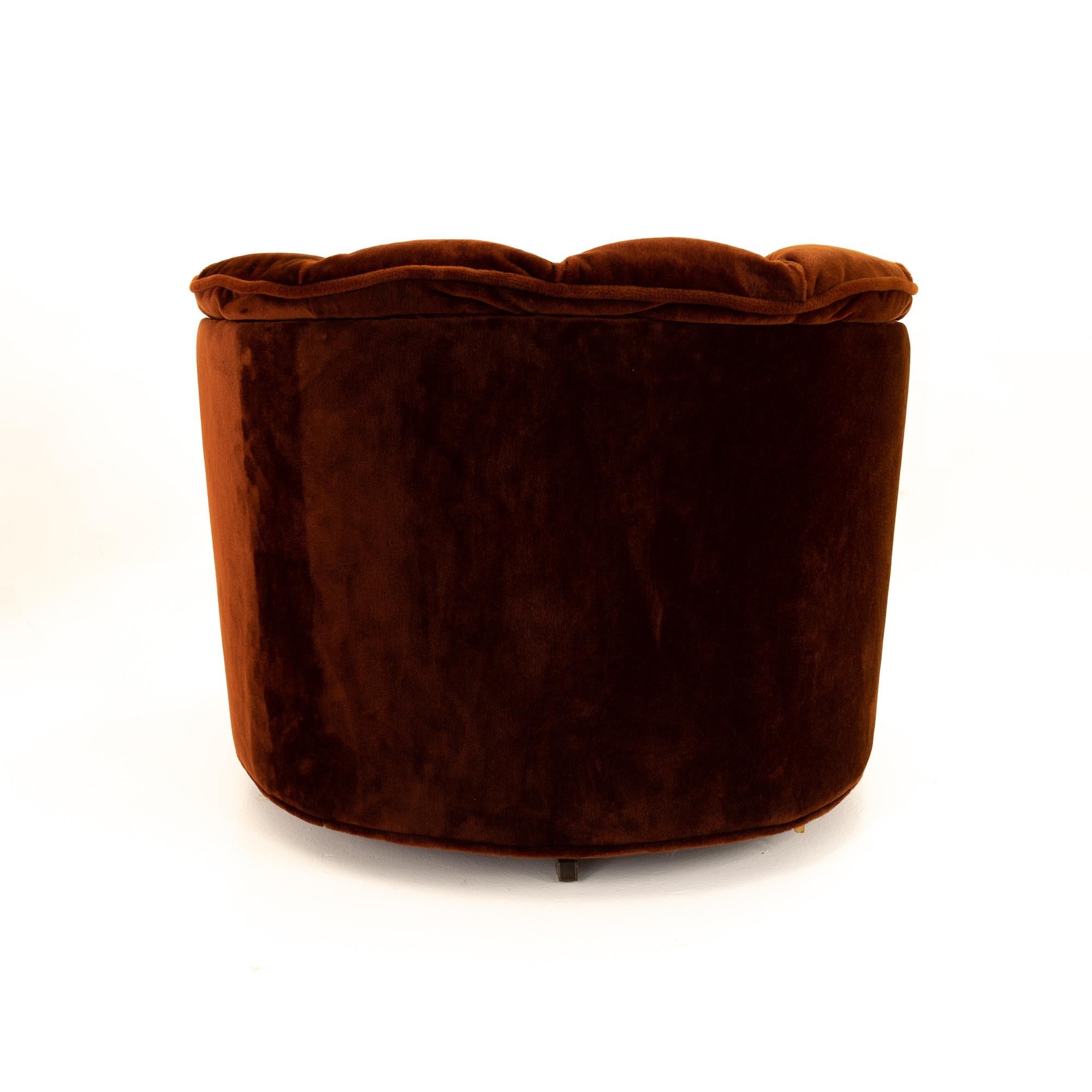 20th Century Milo Baughman Style Midcentury Burgundy Tufted Barrel Swivel Lounge Chairs, Pair