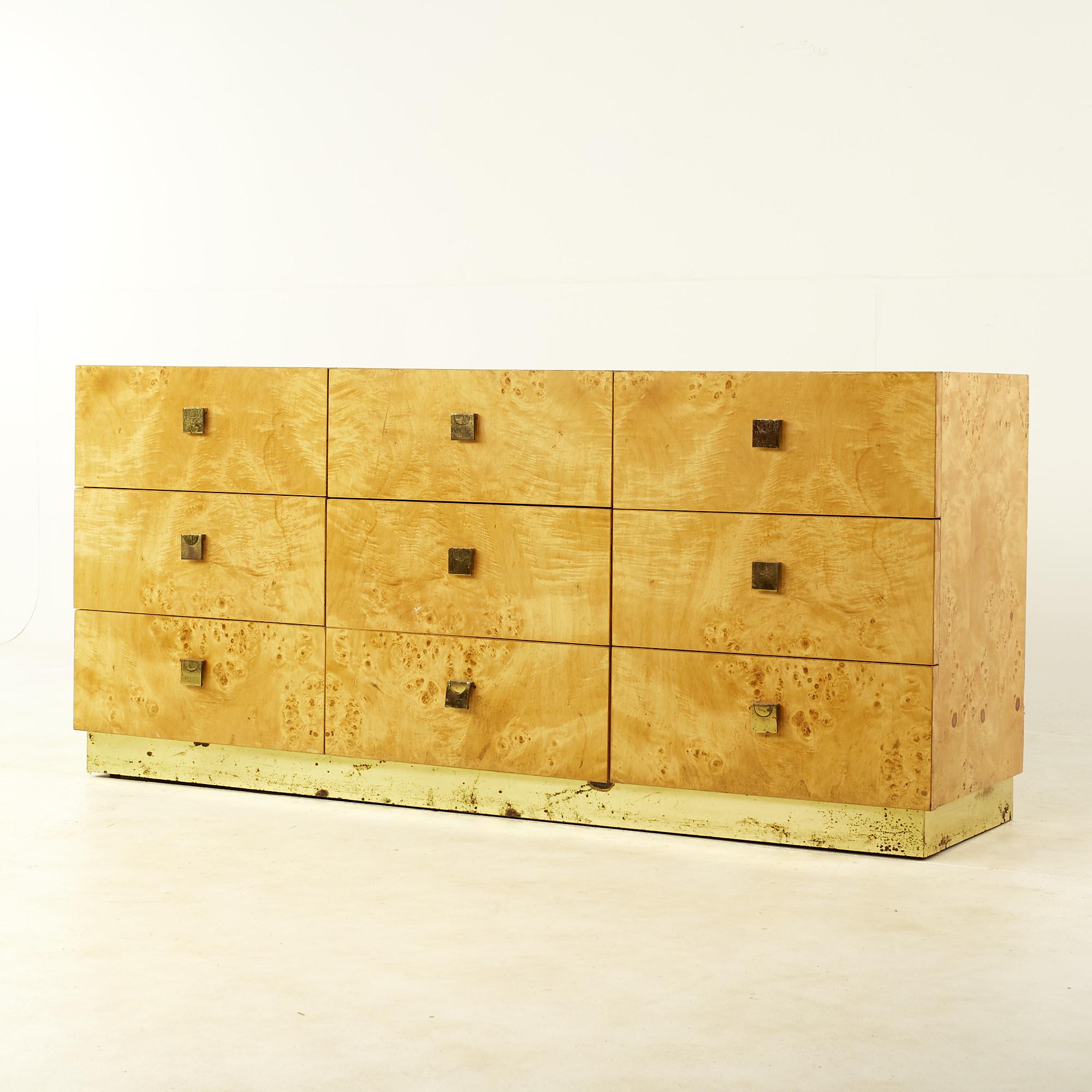 Mid-Century Modern Milo Baughman Style Mid Century Burlwood and Brass 9 Drawer Lowboy Dresser