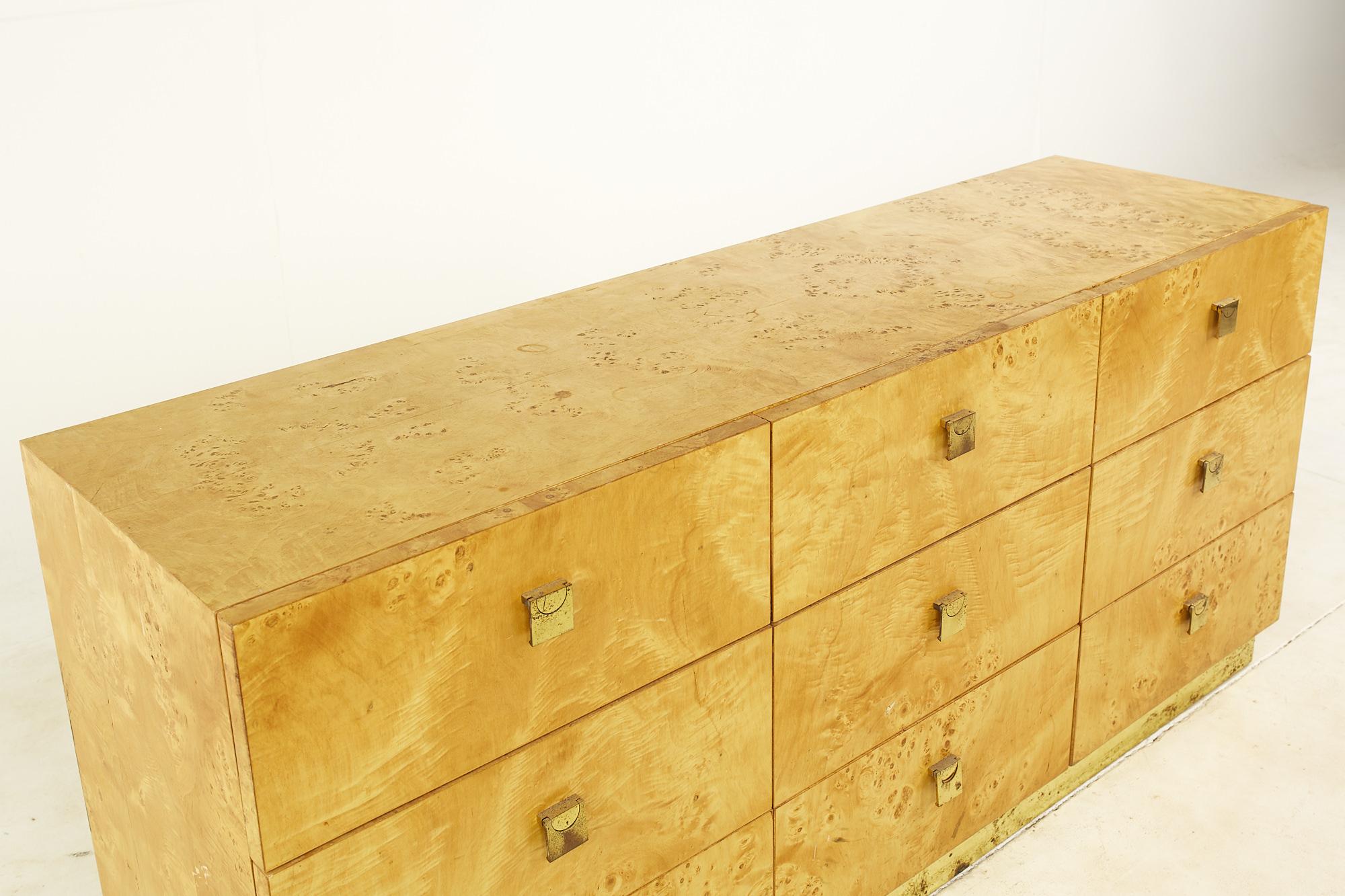 Late 20th Century Milo Baughman Style Mid Century Burlwood and Brass 9 Drawer Lowboy Dresser