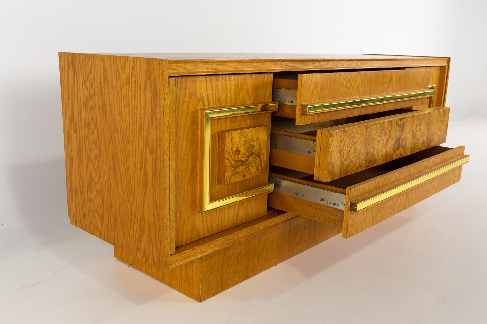 Milo Baughman Style Mid Century Burlwood and Brass Credenza For Sale 5