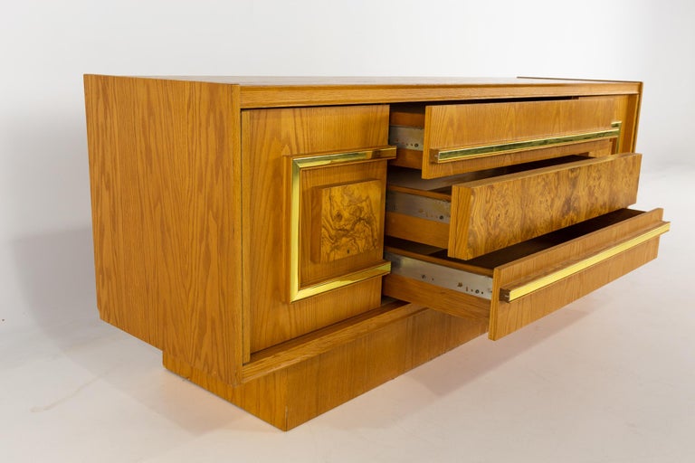 Milo Baughman Style Mid Century Burlwood and Brass Credenza For Sale 5
